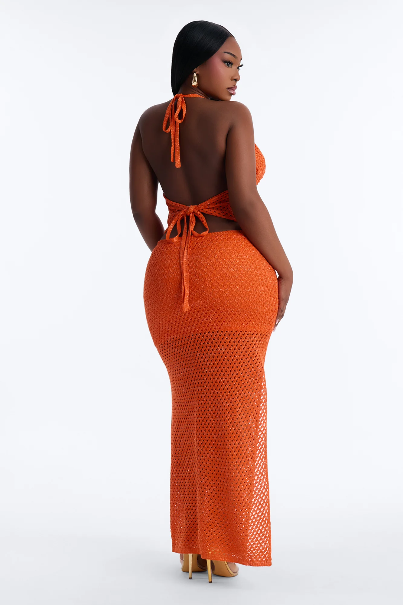 Crystal Crochet Halter Maxi Skirt Set - Orange - Image 8
