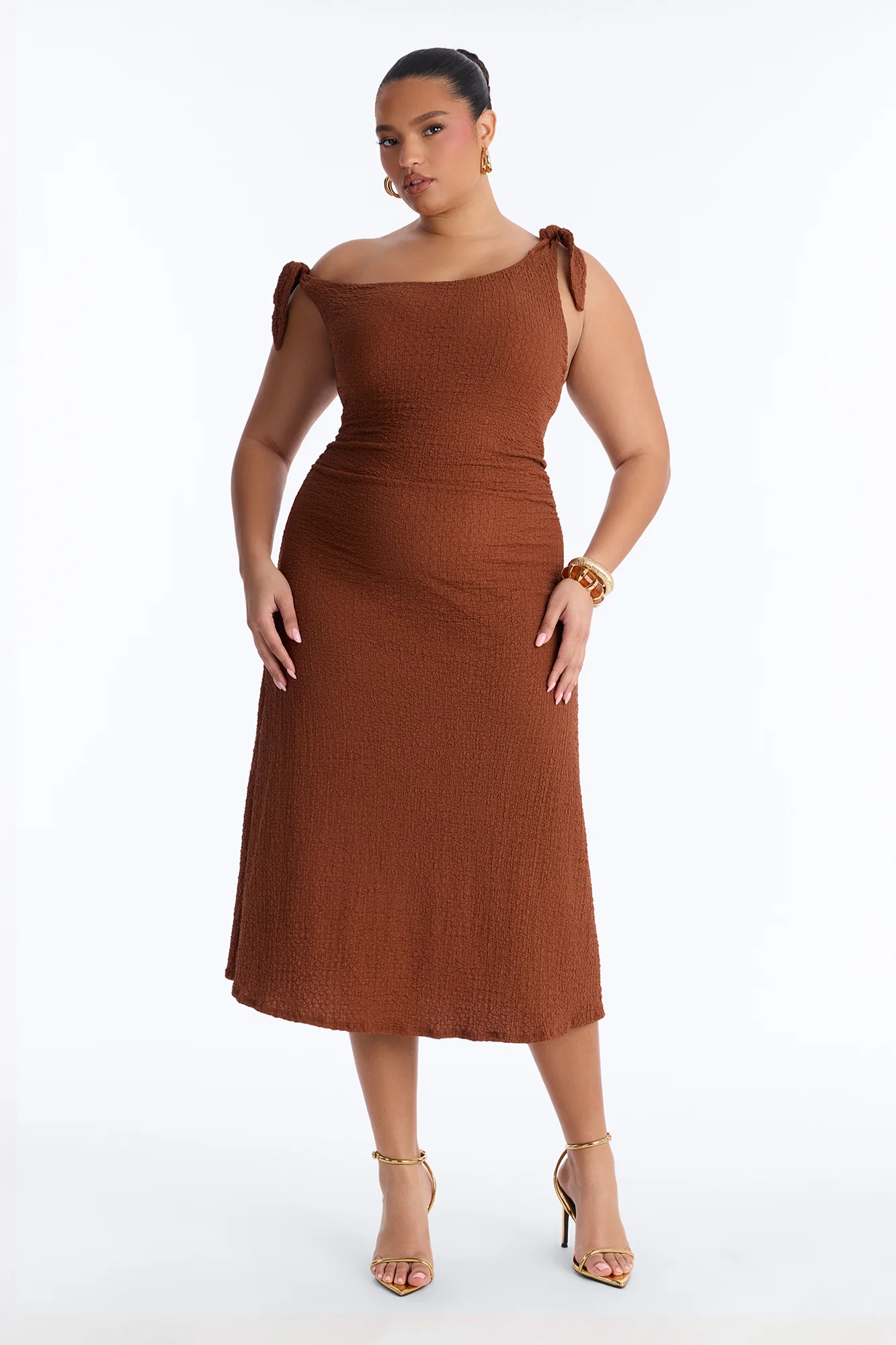 Crystal One Shoulder Textured Midi Dress - Chocolate - Image 4