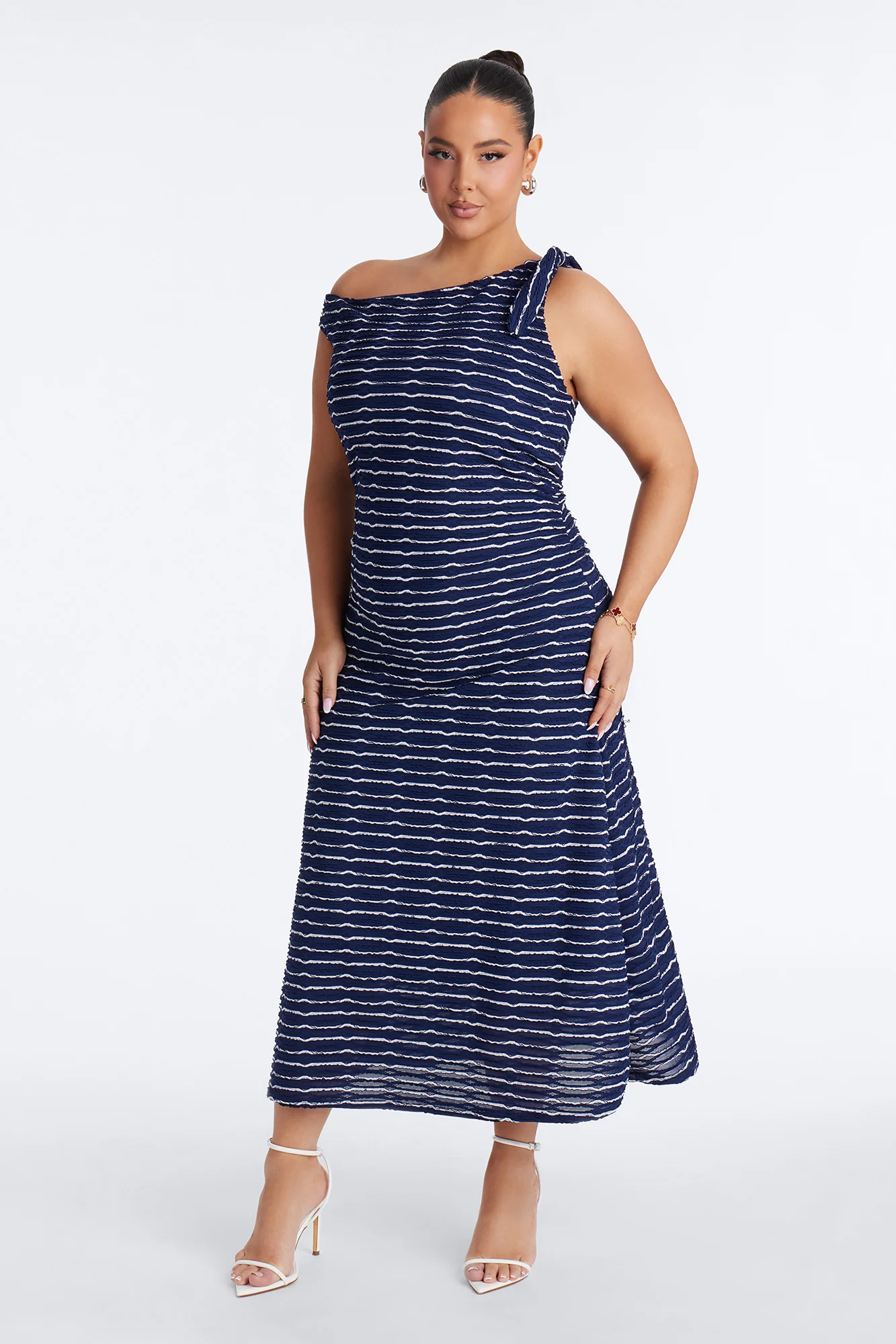 Crystal Striped Textured Midi Dress - Navy/combo - Image 5