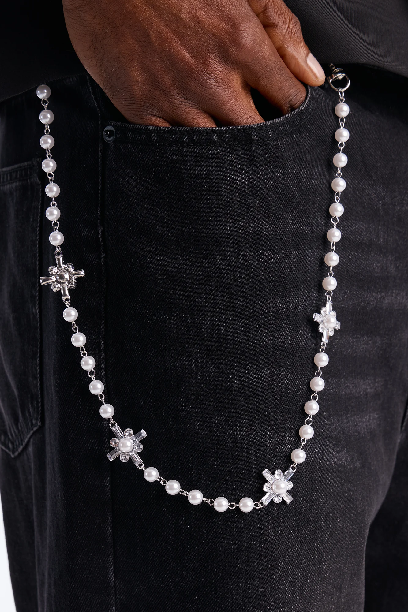 Crystallized Faith And Pearl Pant Chain - White/Silver