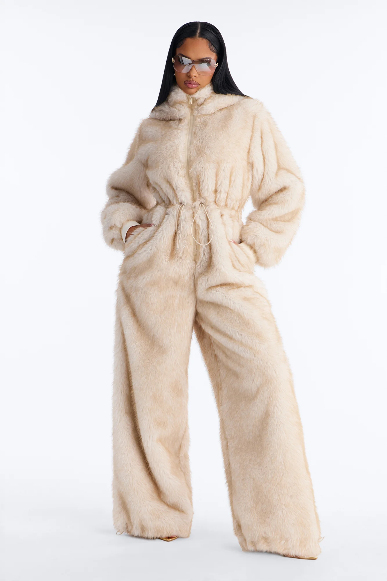 Cuddled Up Faux Fur Hooded Jumpsuit - Beige