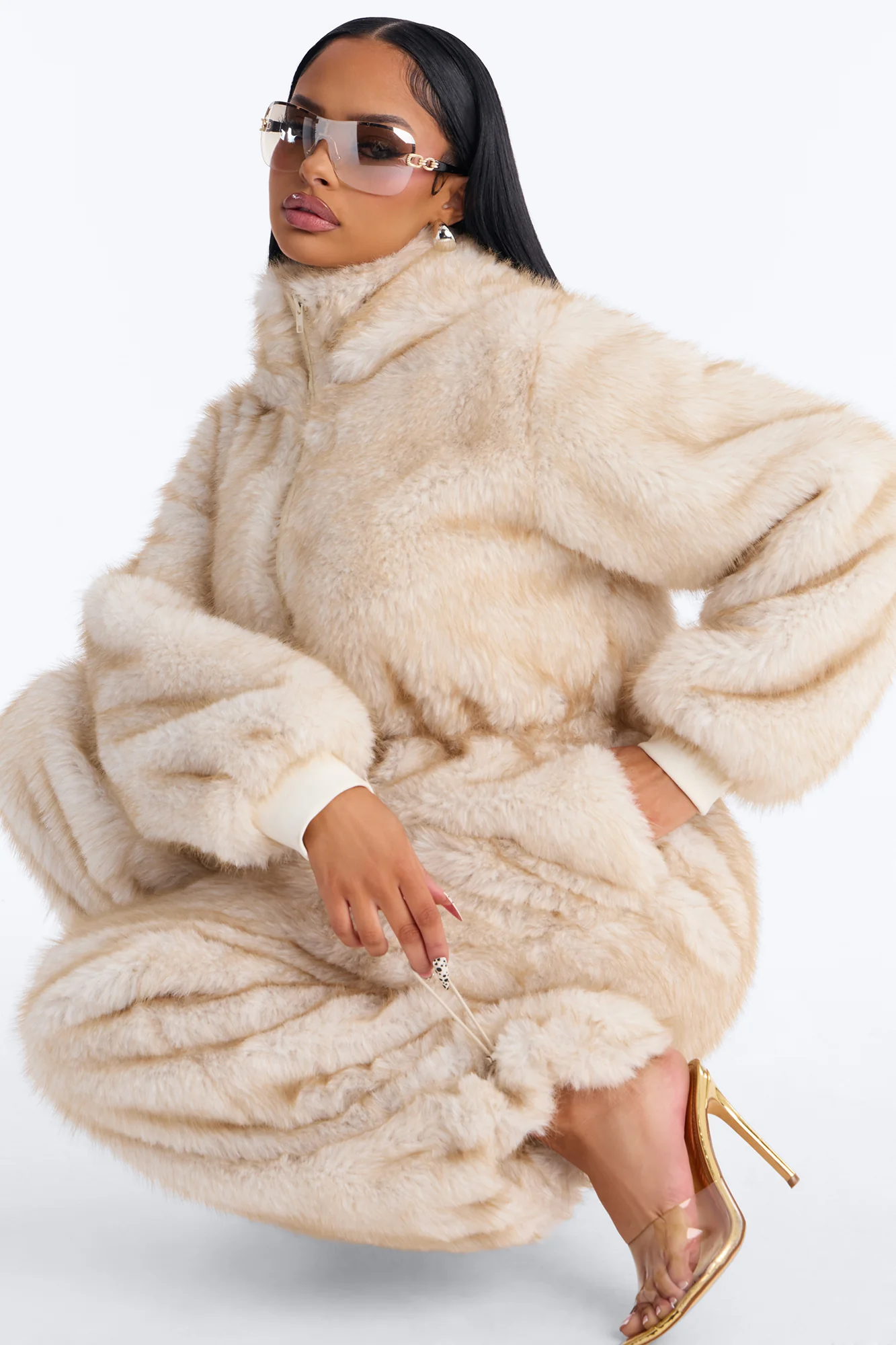 Cuddled Up Faux Fur Hooded Jumpsuit - Beige - Image 2