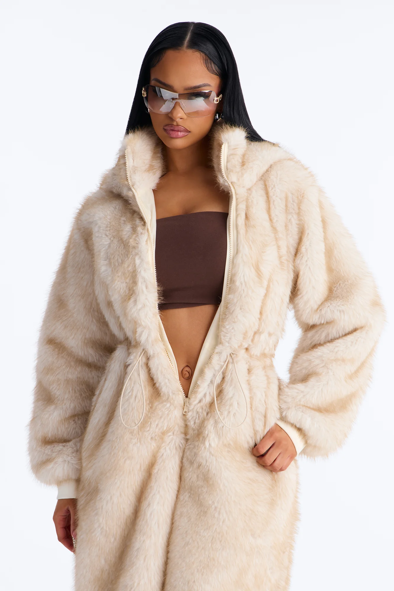 Cuddled Up Faux Fur Hooded Jumpsuit - Beige - Image 3