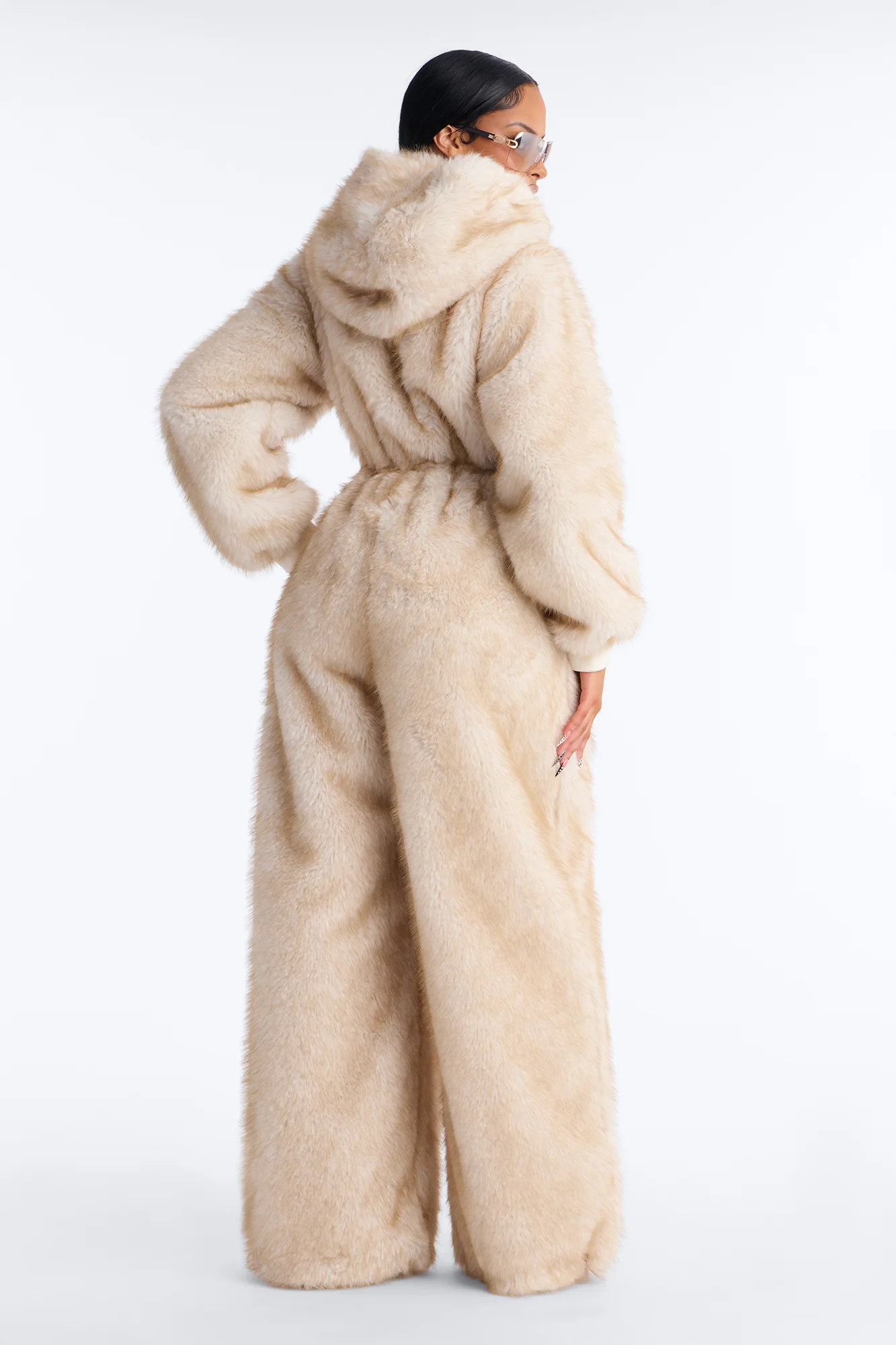 Cuddled Up Faux Fur Hooded Jumpsuit - Beige - Image 5