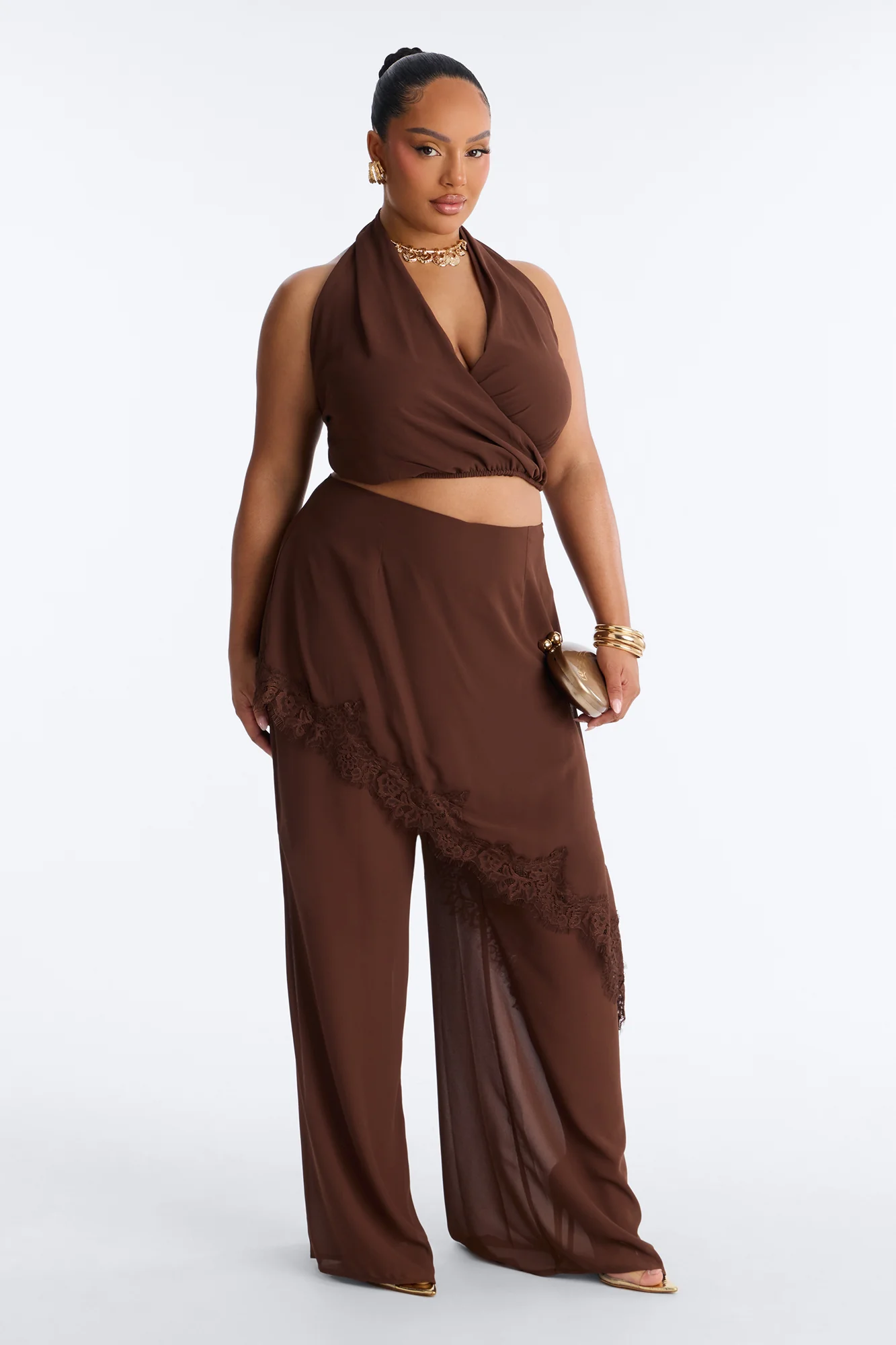 Current Mood Chiffon Halter Pant Set - Brown - Image 6