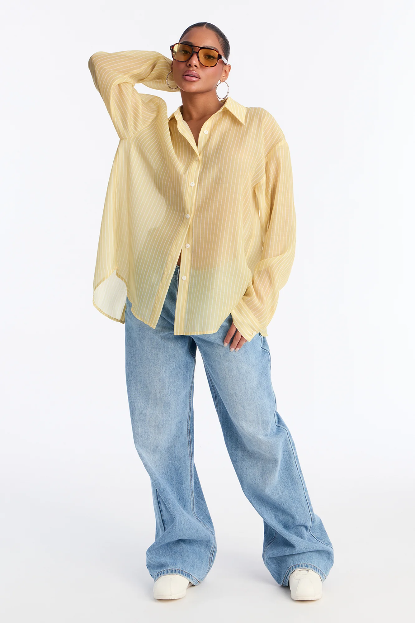 Cute Chaos Pinstripe Sheer Shirt - Butter Yellow - Image 2