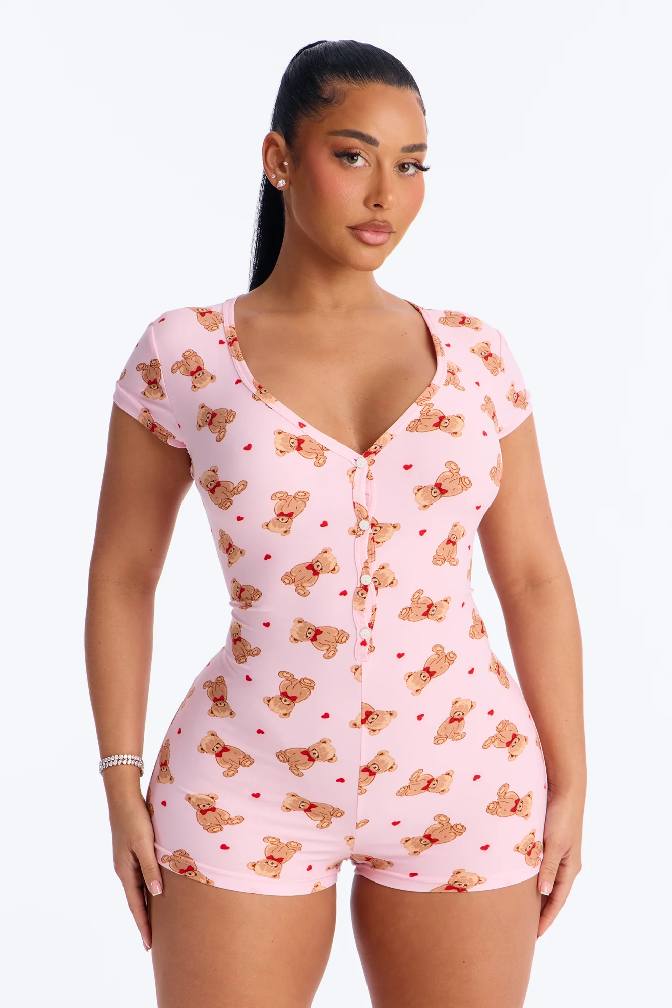 Cutie Bear PJ Romper Onesie - Pink