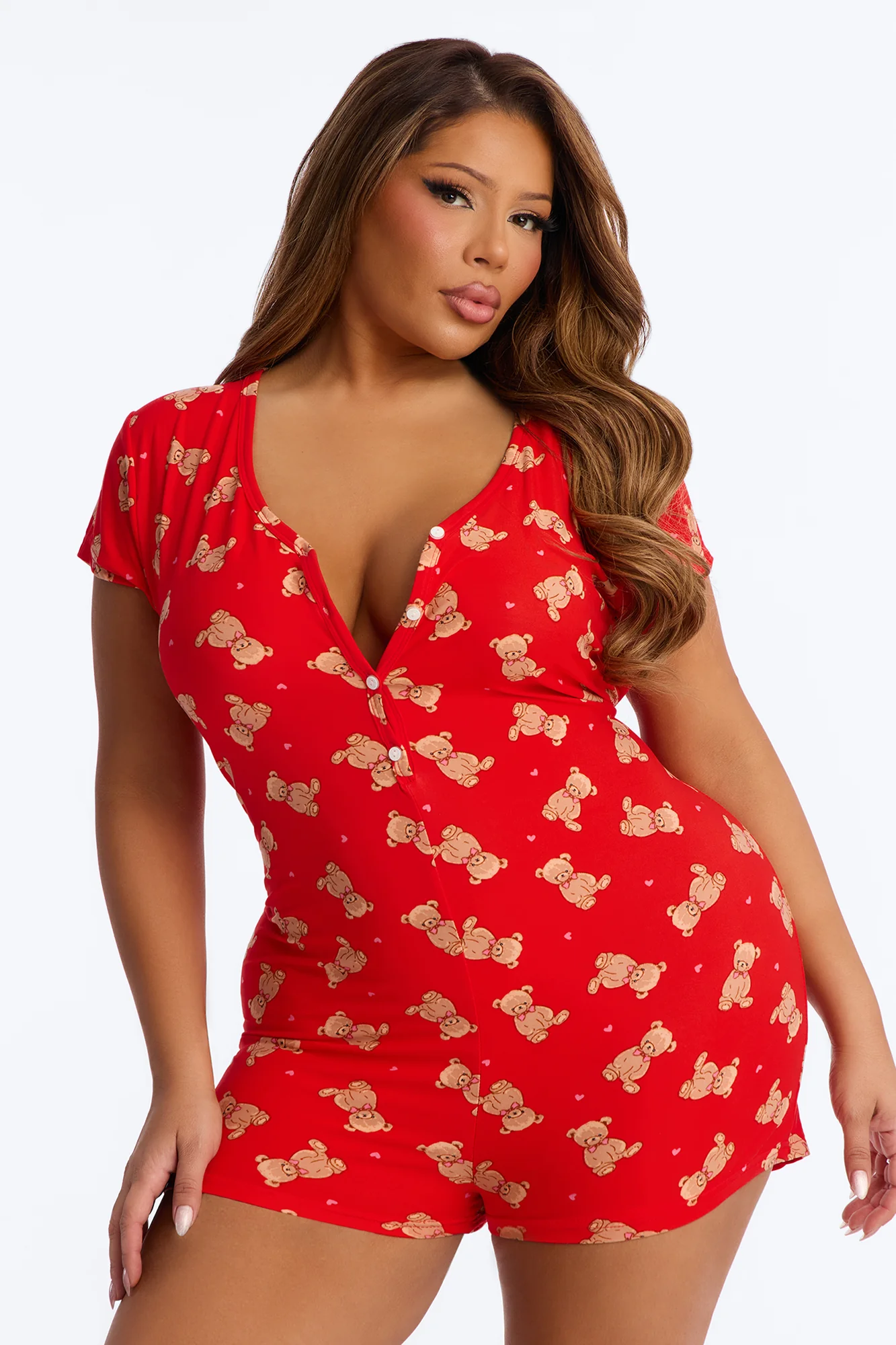 Cutie Bear PJ Romper Onesie - Red/combo - Image 4