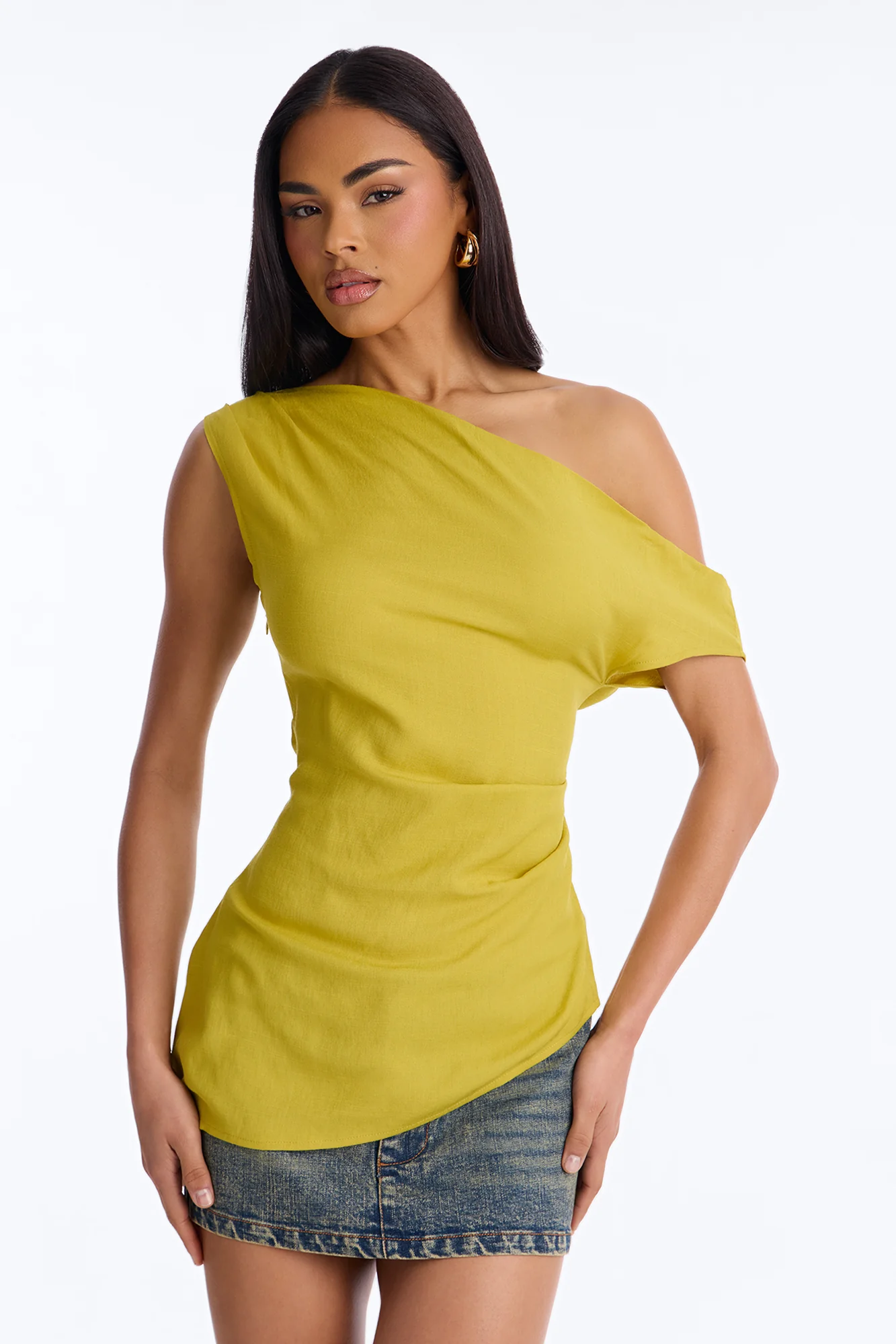 Cutie With A Duty One Shoulder Linen Top - Chartreuse
