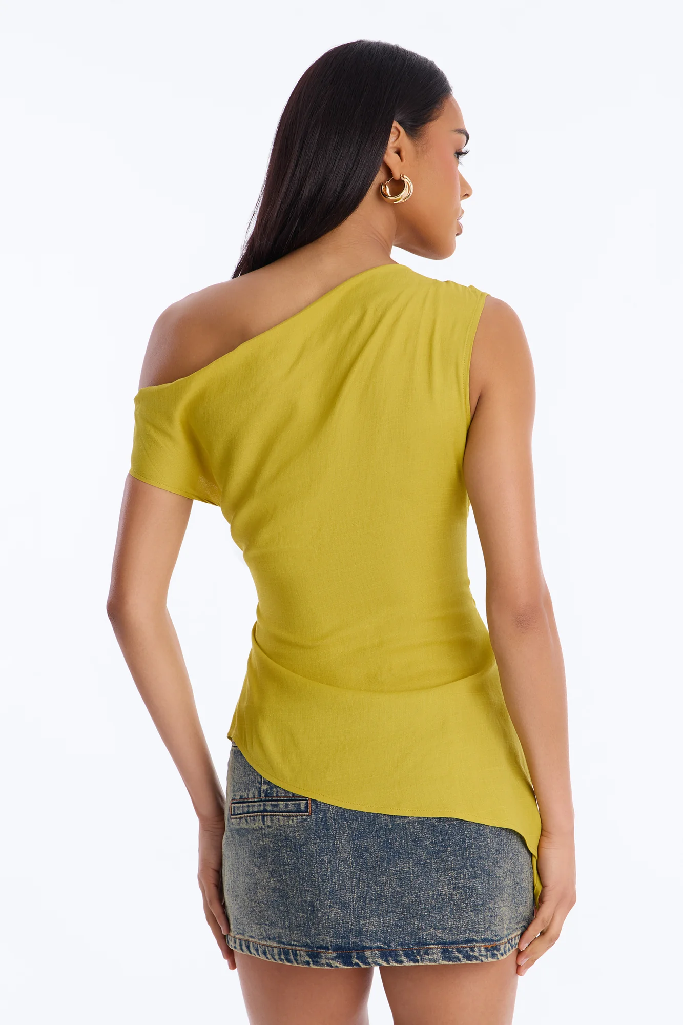 Cutie With A Duty One Shoulder Linen Top - Chartreuse - Image 4