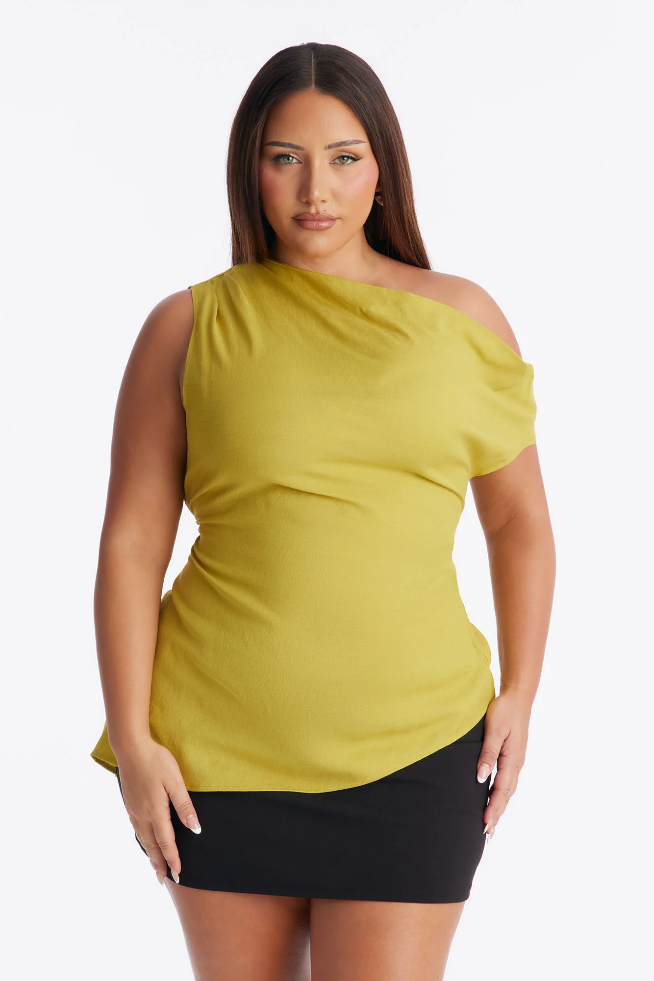Cutie With A Duty One Shoulder Linen Top - Chartreuse - Image 5