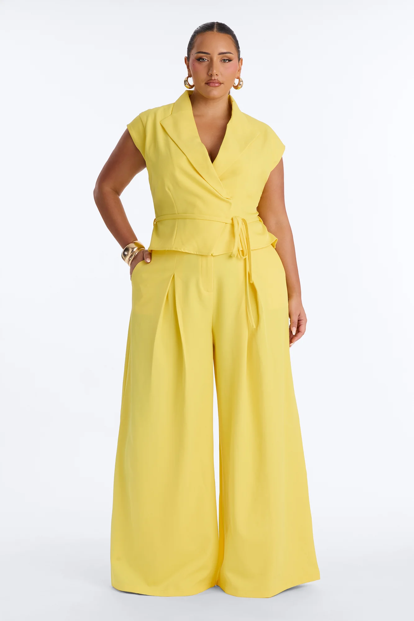Cynthia Tie Waist Wide Leg Jumpsuit - Yellow - Image 5