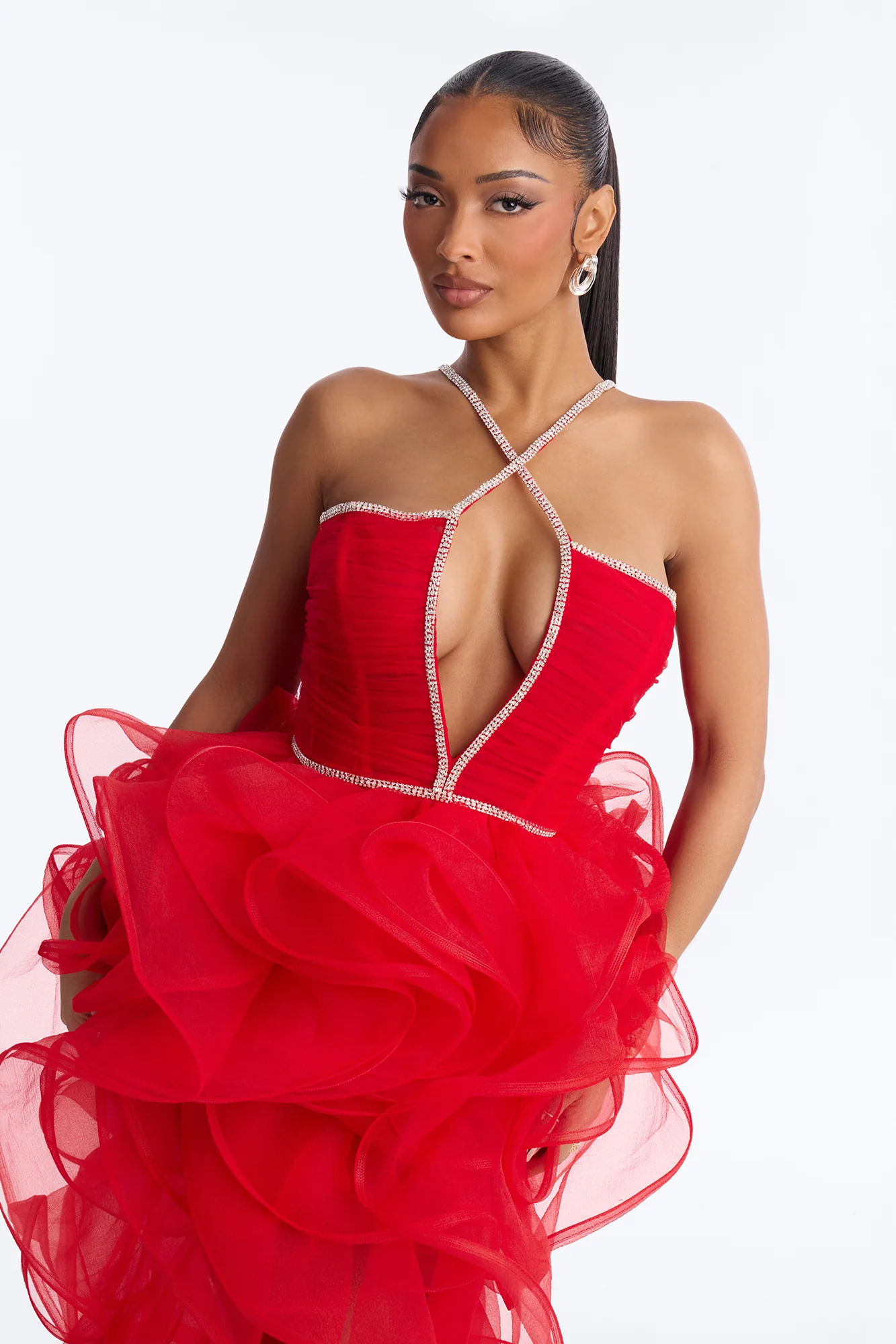 Cyra Rhinestone Ruffle Gown - Red - Image 2
