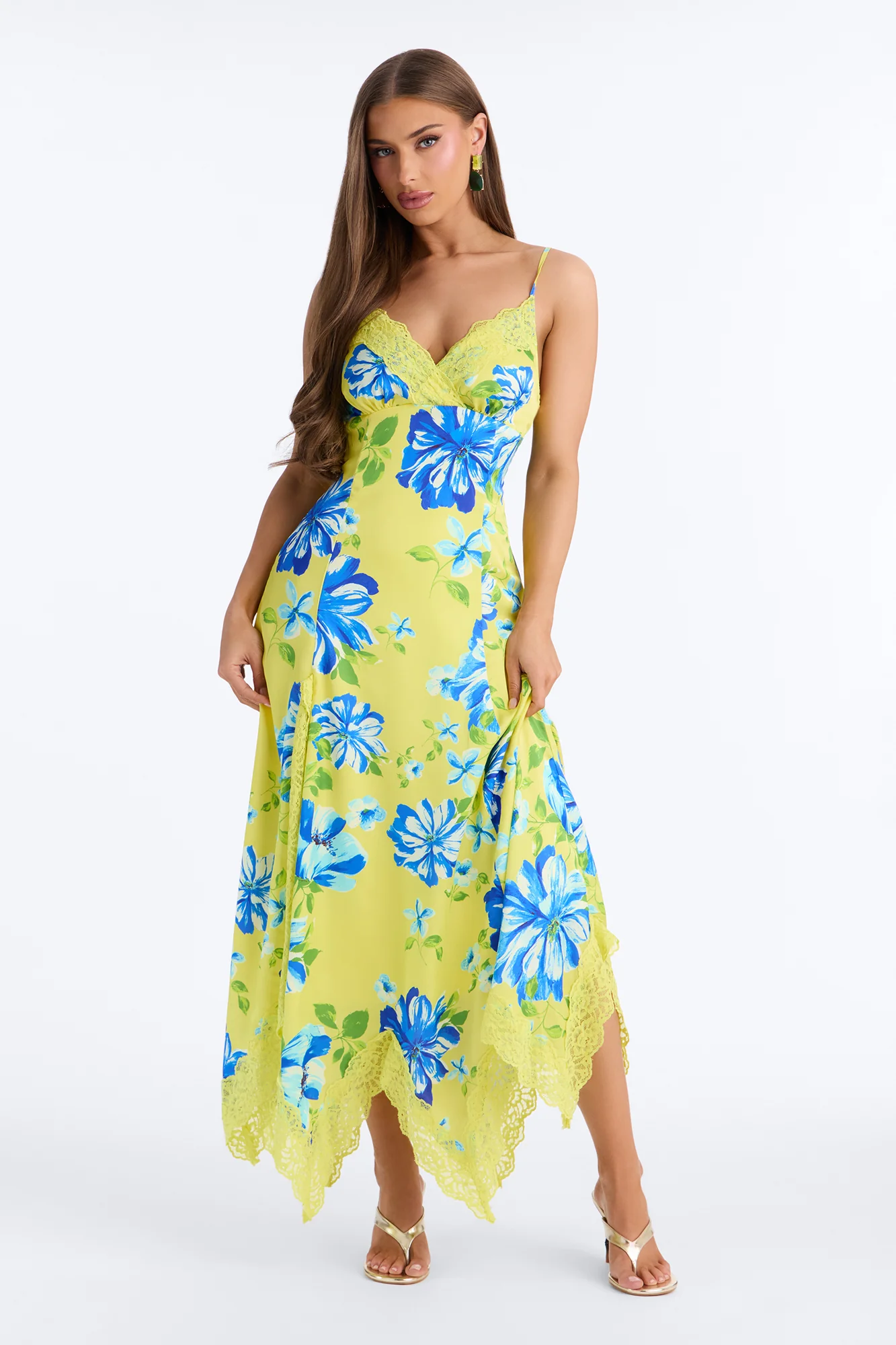 Dahlia Lace Trim Satin Maxi Dress - Yellow/combo