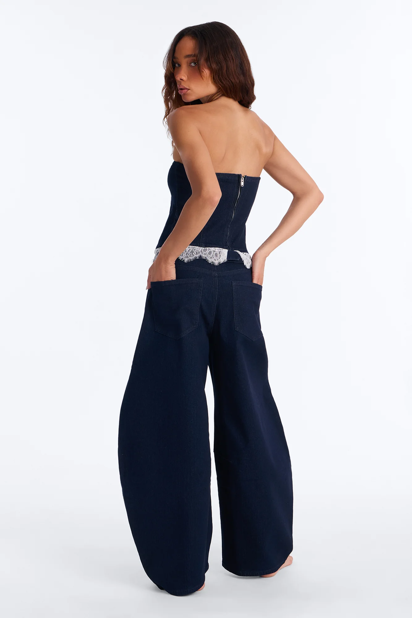 Dahlia Strapless Denim Barrel Pant Set - Dark Wash - Image 4