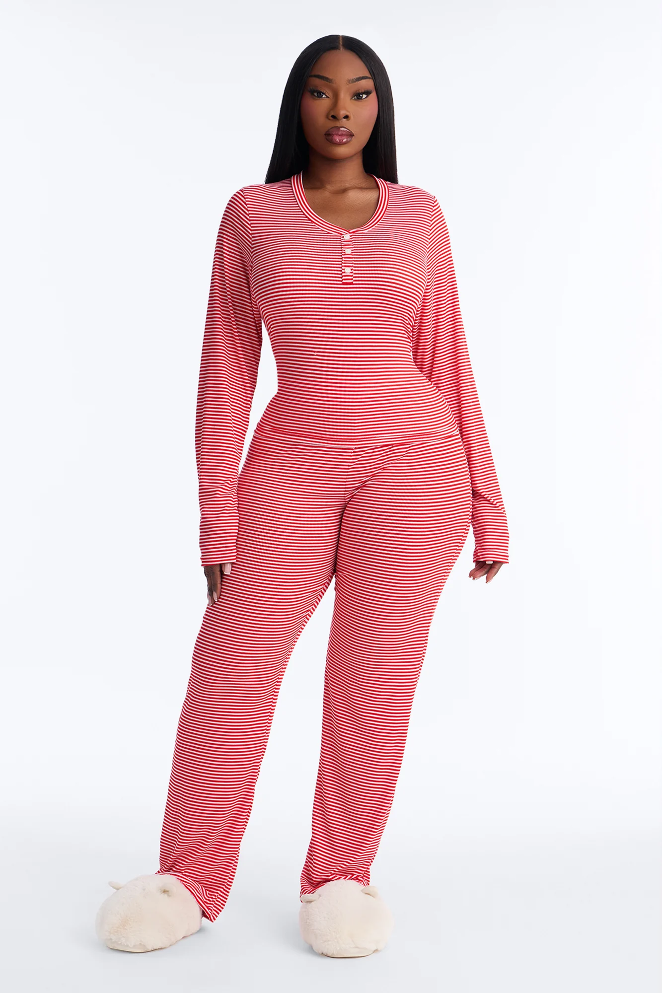 Daily Naps Ribbed Long Sleeve Henley PJ Pant Set - Red/White