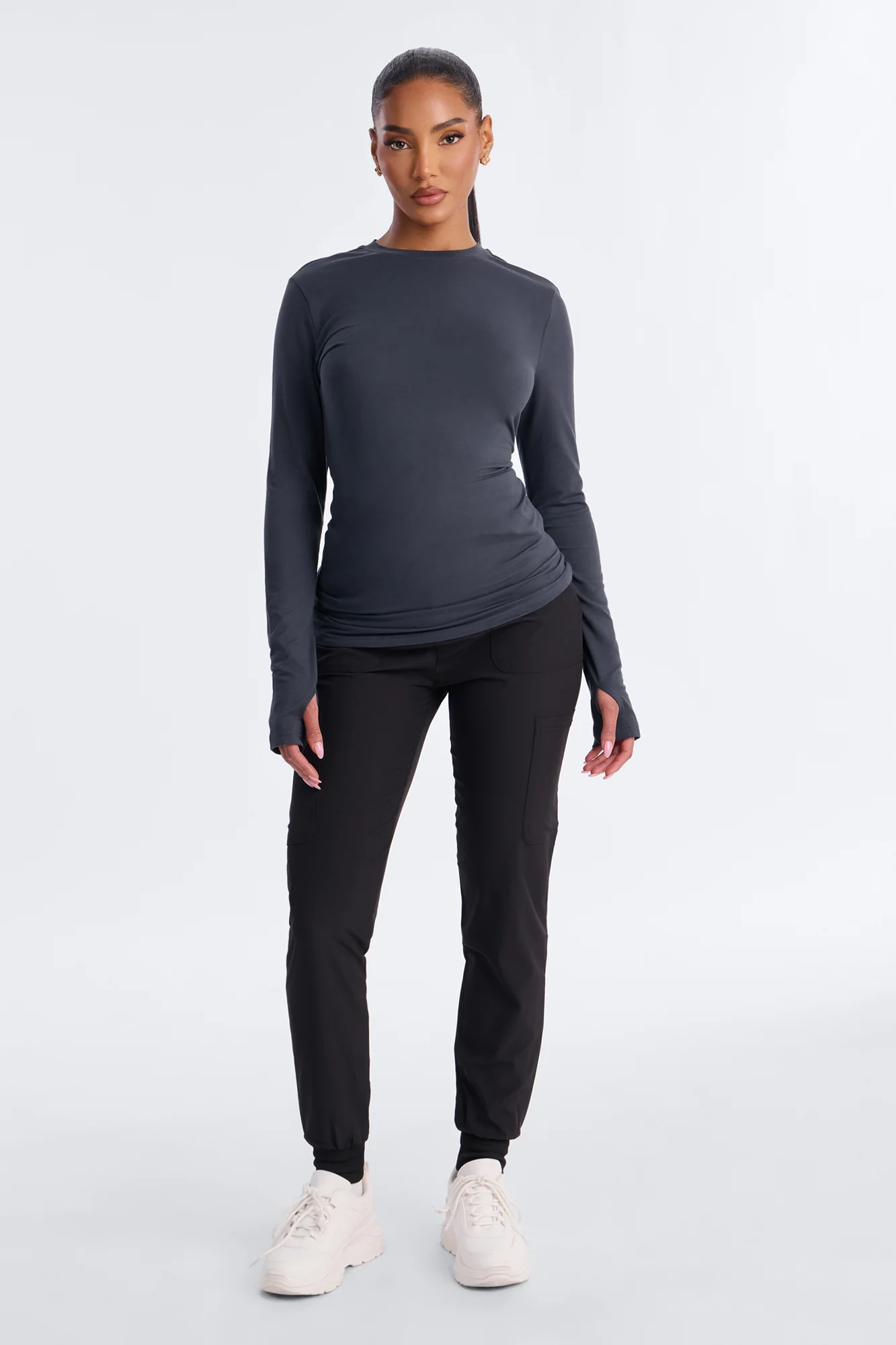 Daily Shift Long Sleeve Stretch Under Scrub Shirt - Charcoal - Image 2