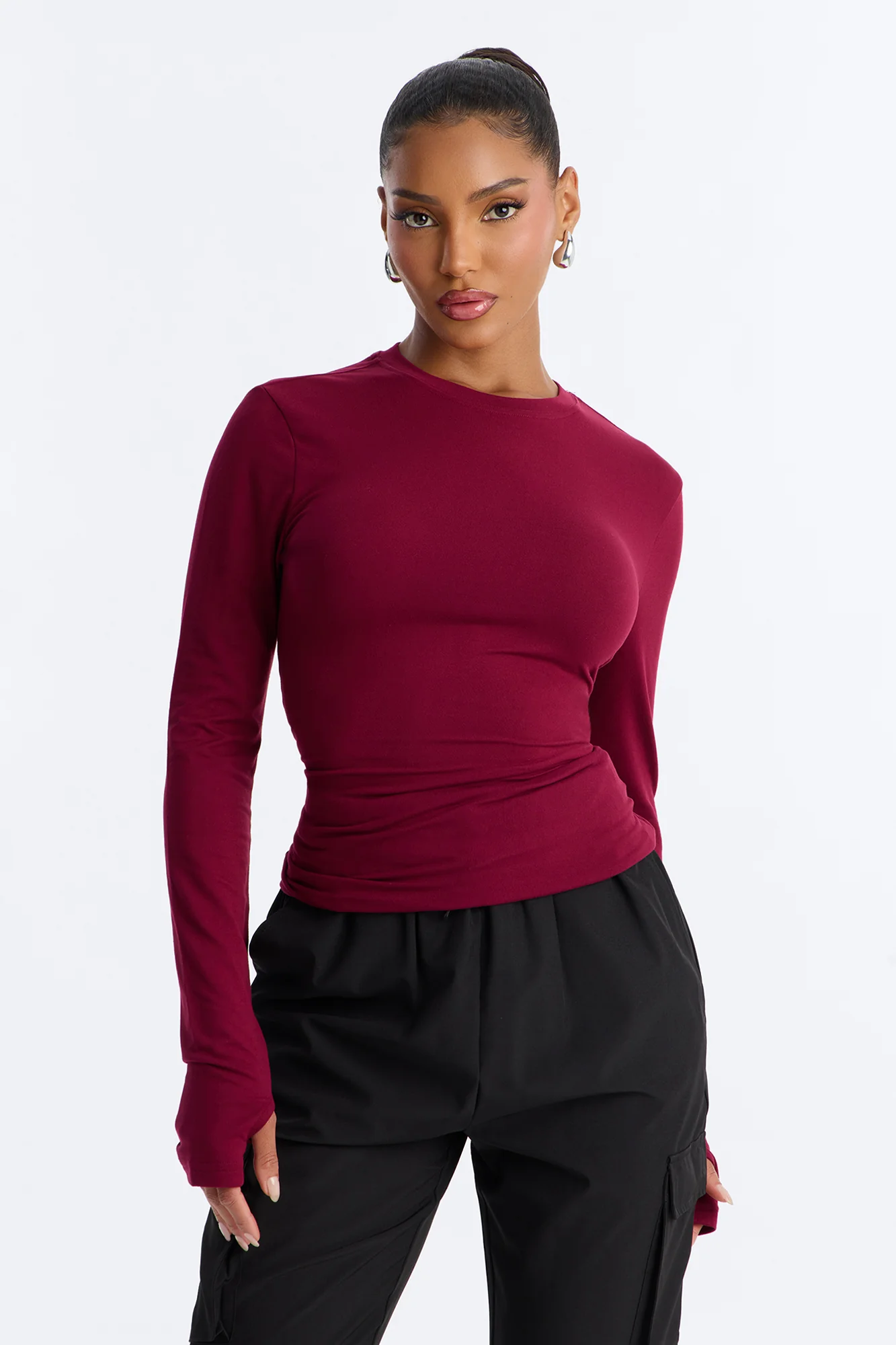Daily Shift Long Sleeve Stretch Under Scrub Shirt - Wine - Image 2