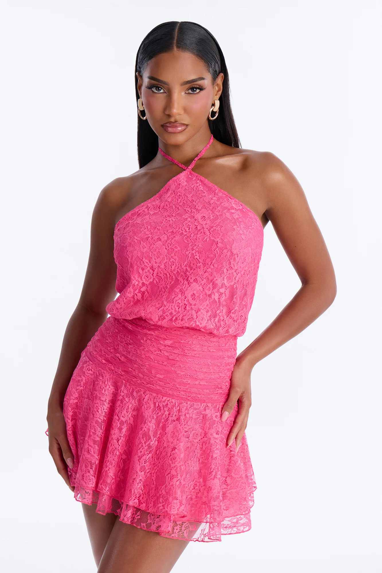 Daisy Backless Lace Mini Dress - HotPink