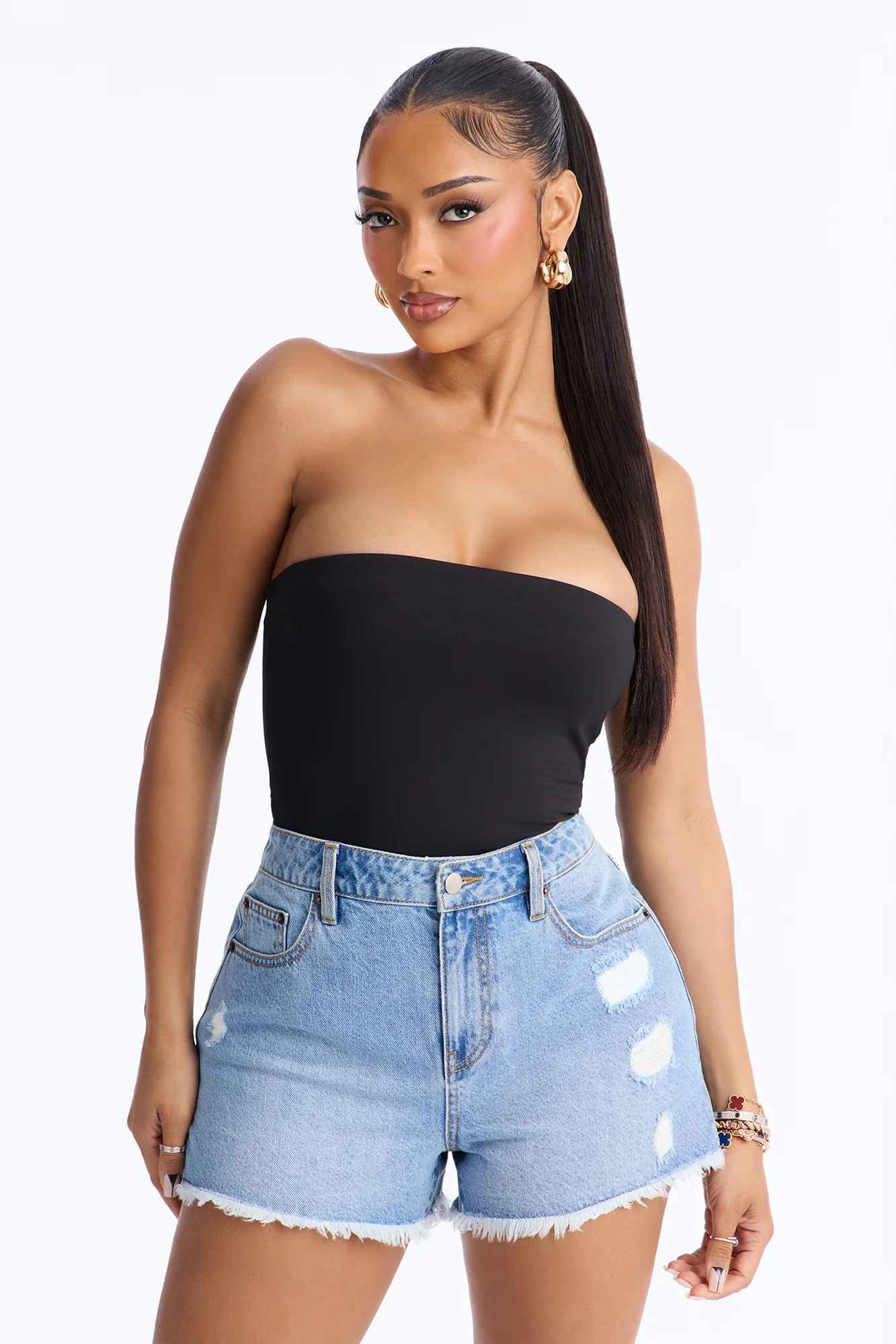 Daisy Double Layer Tube Top Bodysuit - Black - Image 3
