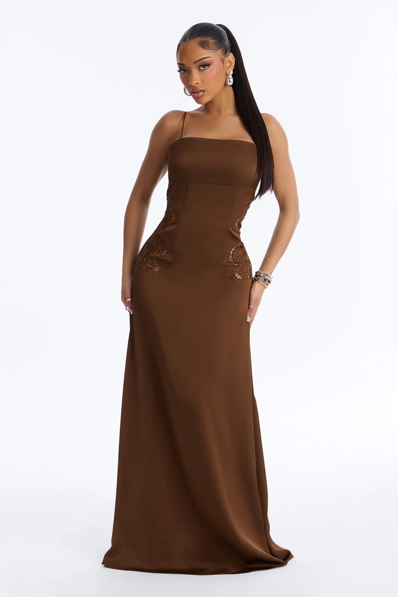 Daisy Embroidered Satin Maxi Dress - Brown