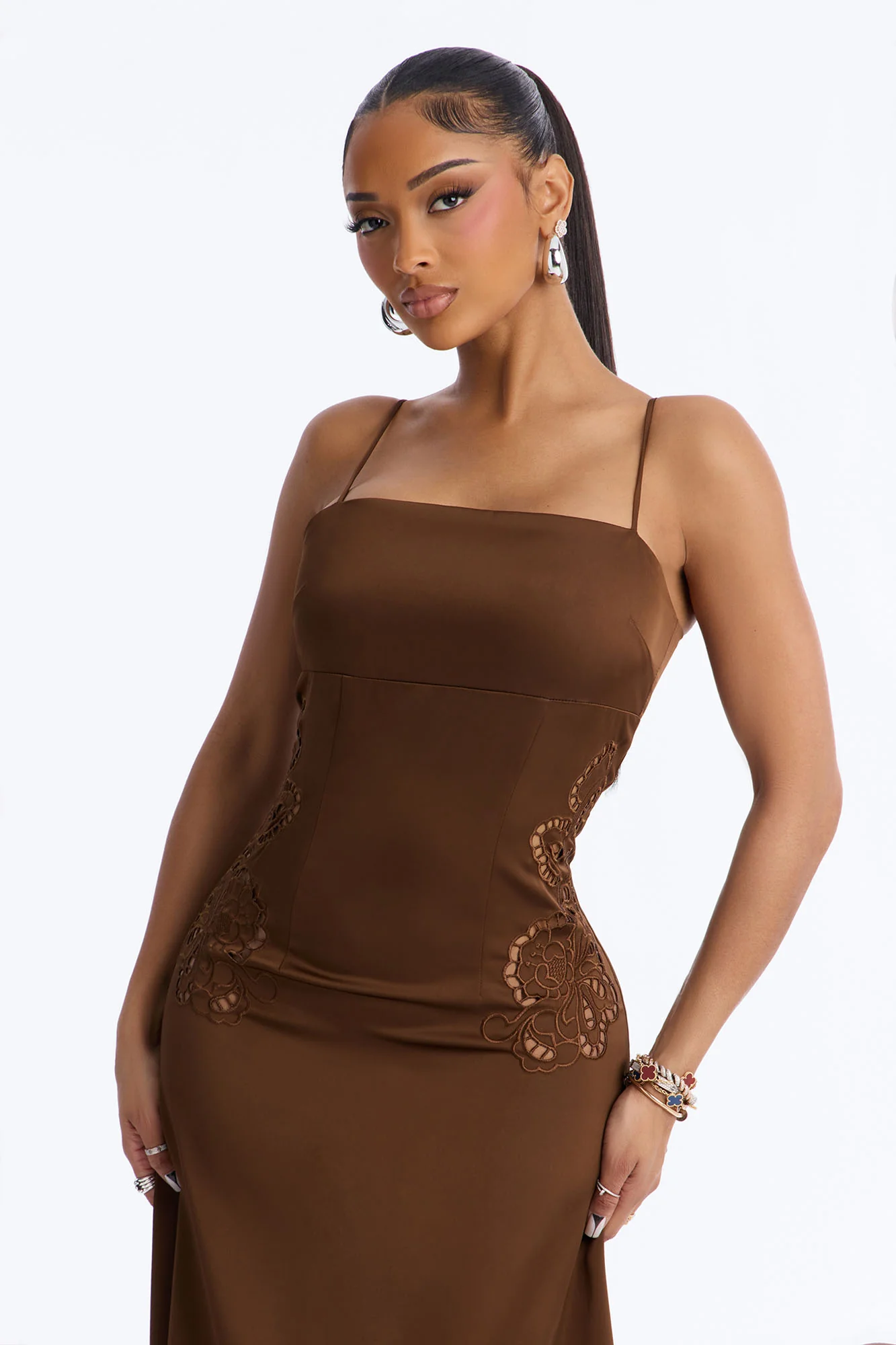 Daisy Embroidered Satin Maxi Dress - Brown - Image 2