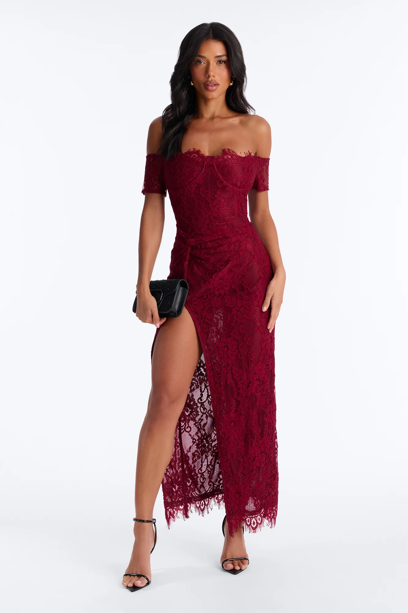 Dalia Off Shoulder Lace Gown - Wine