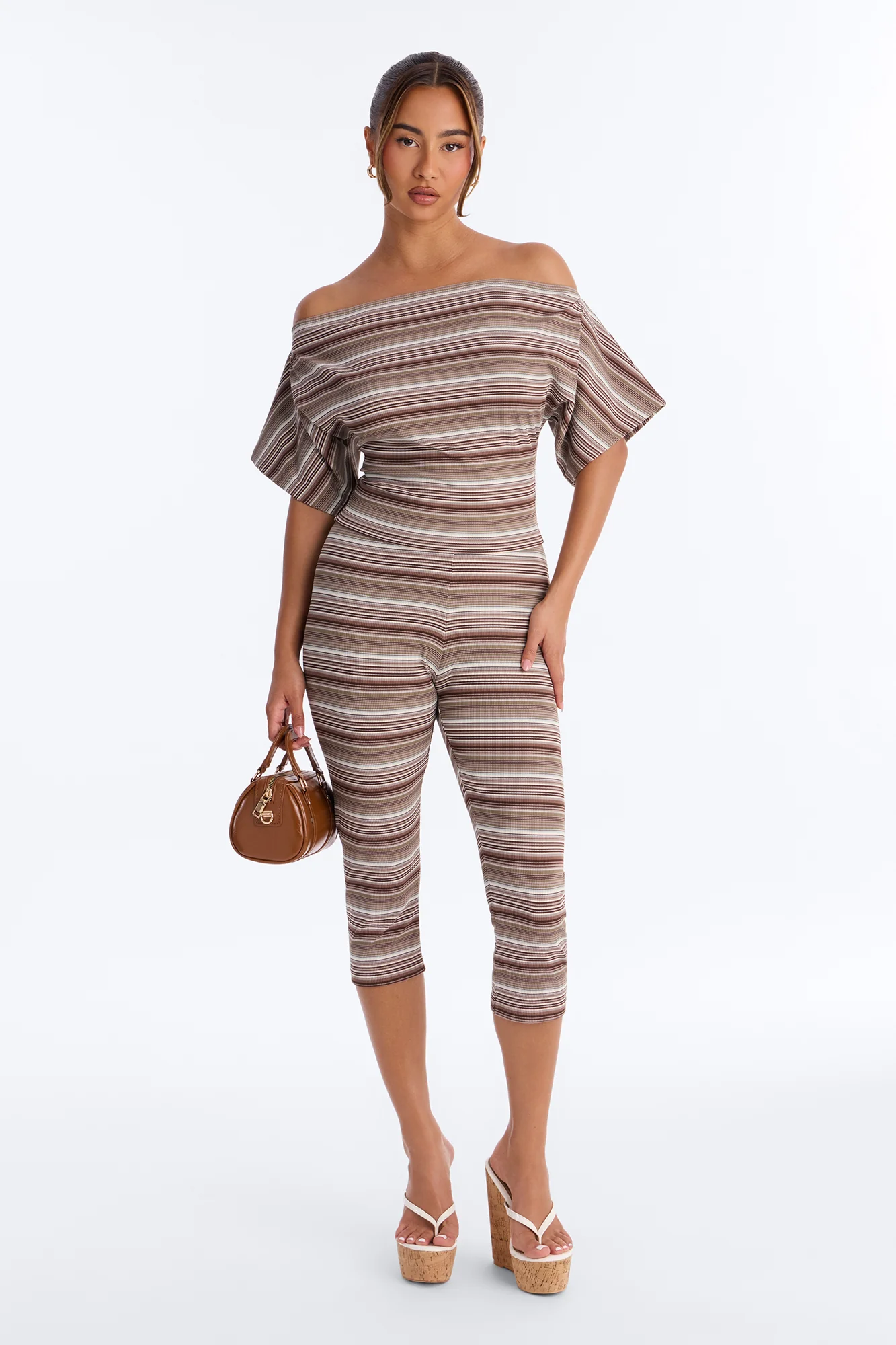 Dalinda Off Shoulder Striped Ribbed Capri Set - Brown/combo