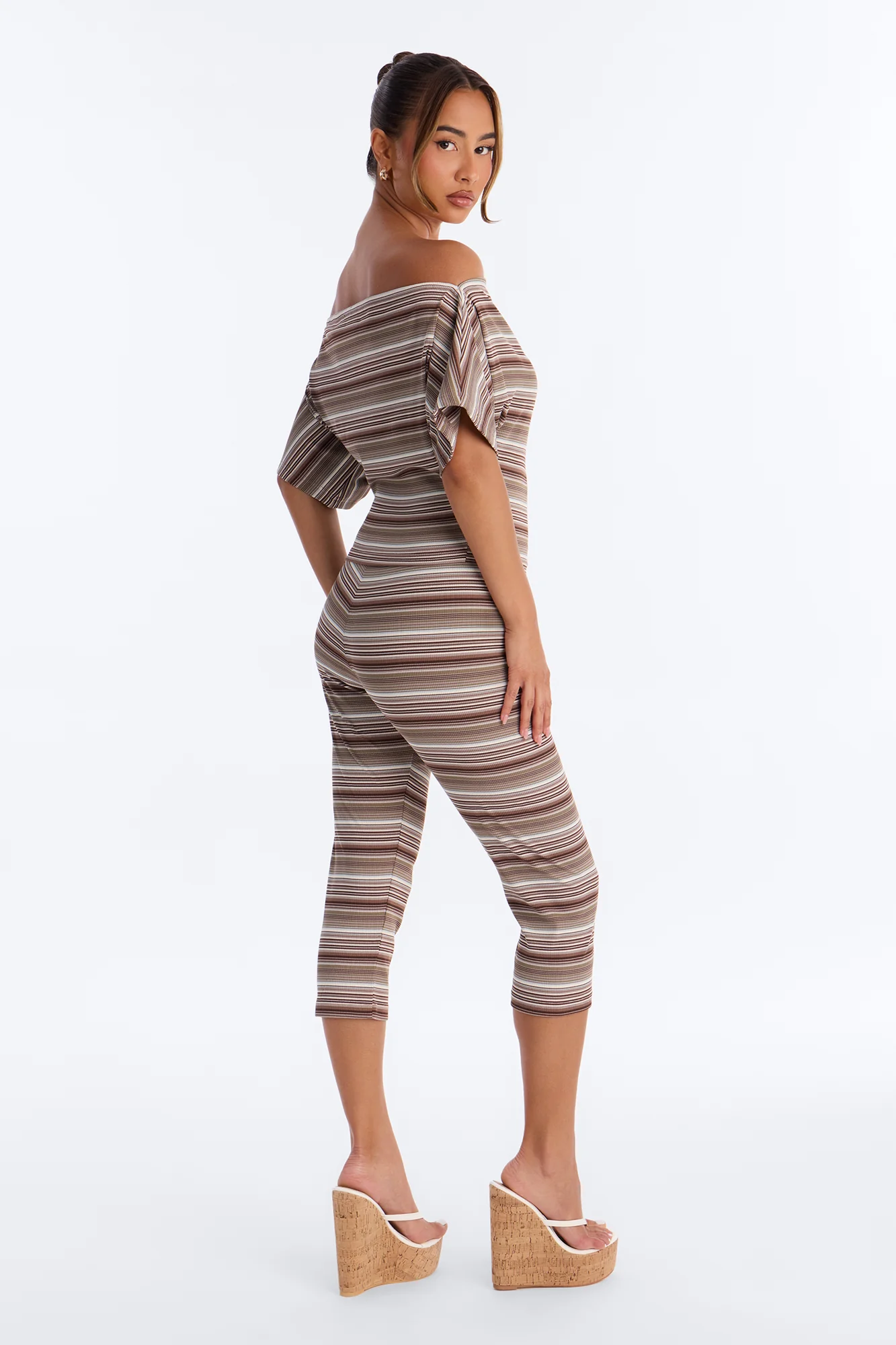 Dalinda Off Shoulder Striped Ribbed Capri Set - Brown/combo - Image 3