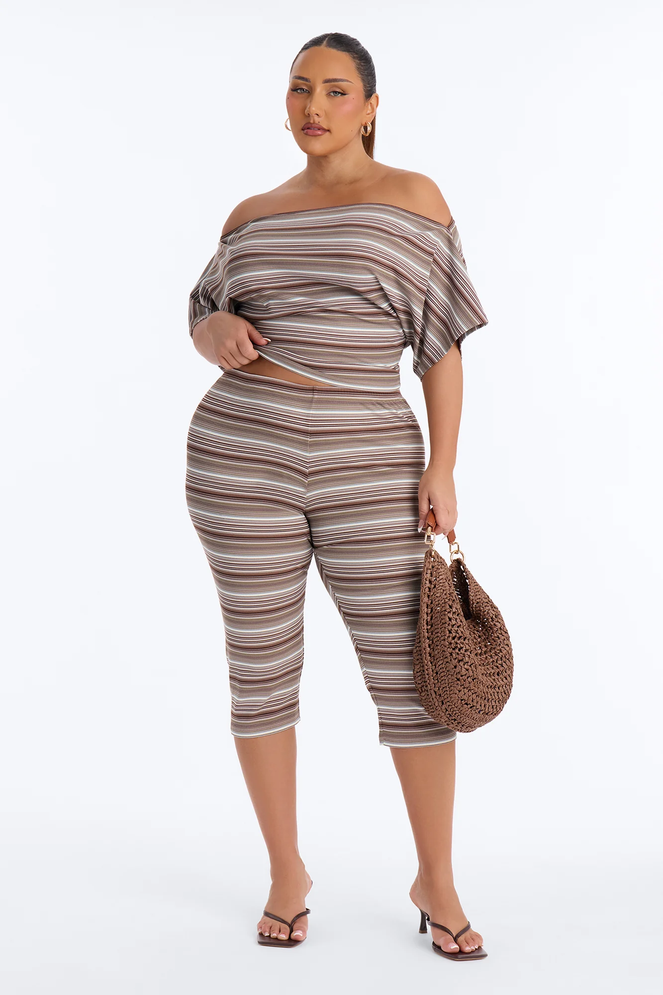 Dalinda Off Shoulder Striped Ribbed Capri Set - Brown/combo - Image 4