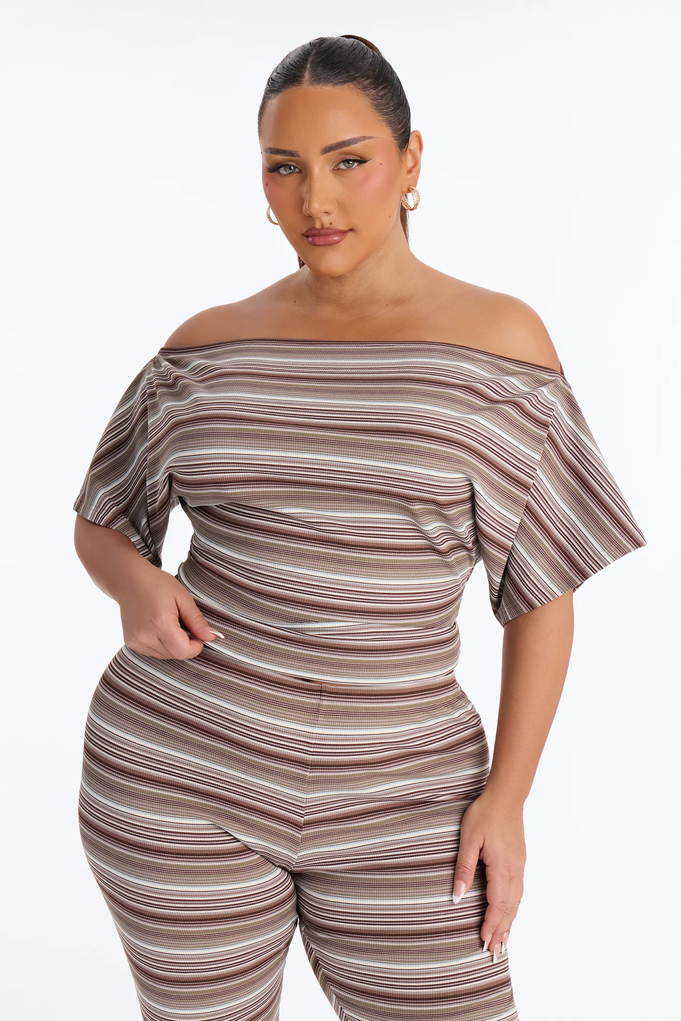 Dalinda Off Shoulder Striped Ribbed Capri Set - Brown/combo - Image 5