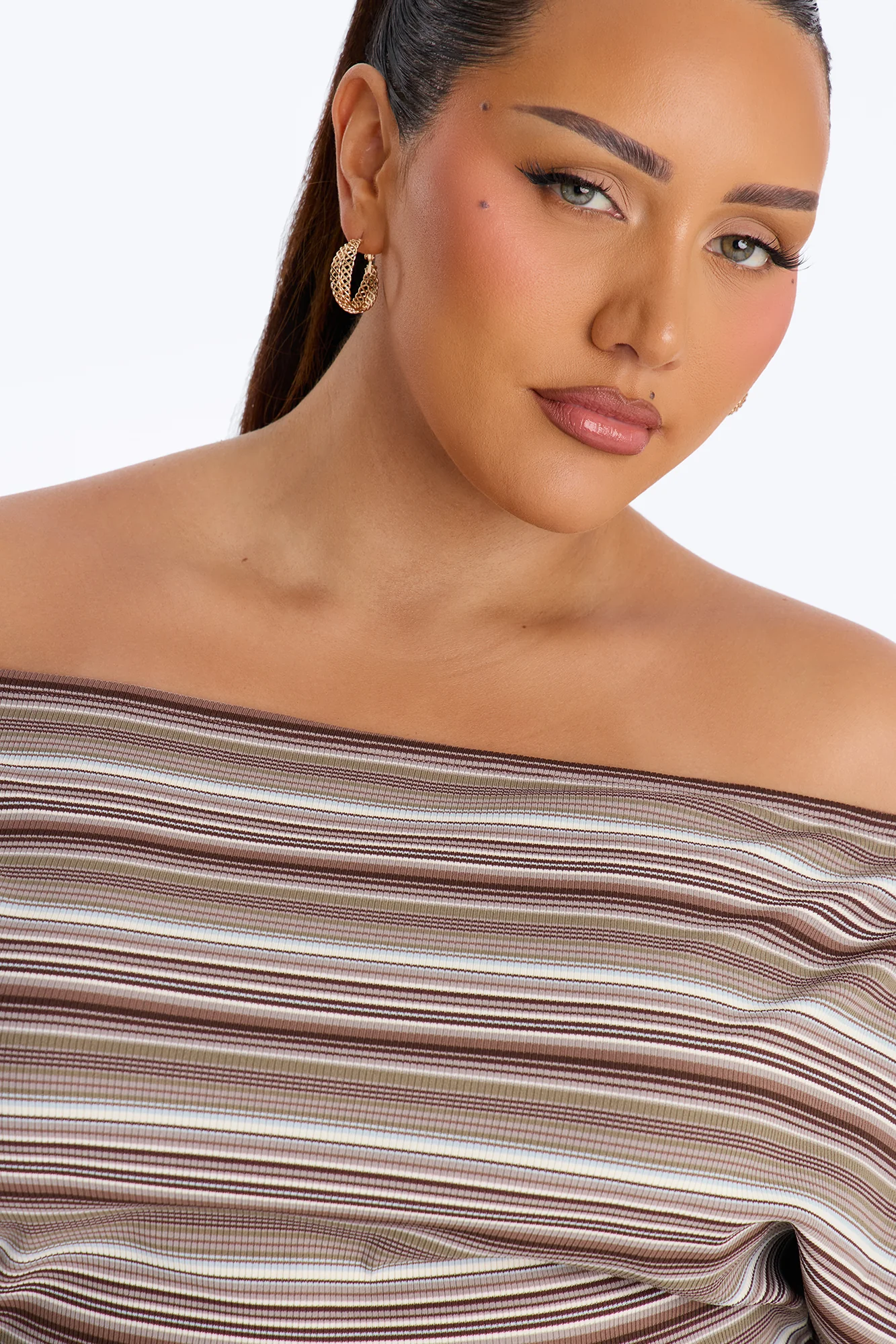 Dalinda Off Shoulder Striped Ribbed Capri Set - Brown/combo - Image 6