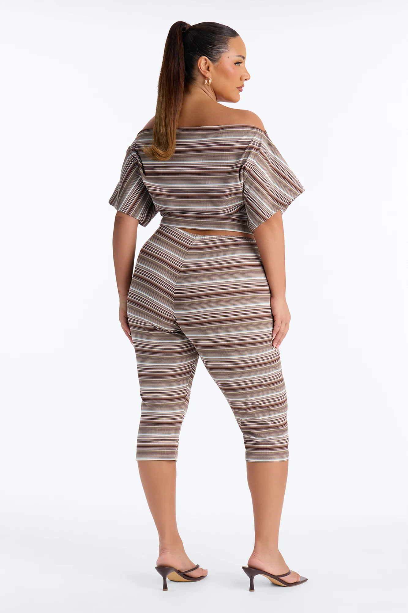 Dalinda Off Shoulder Striped Ribbed Capri Set - Brown/combo - Image 7
