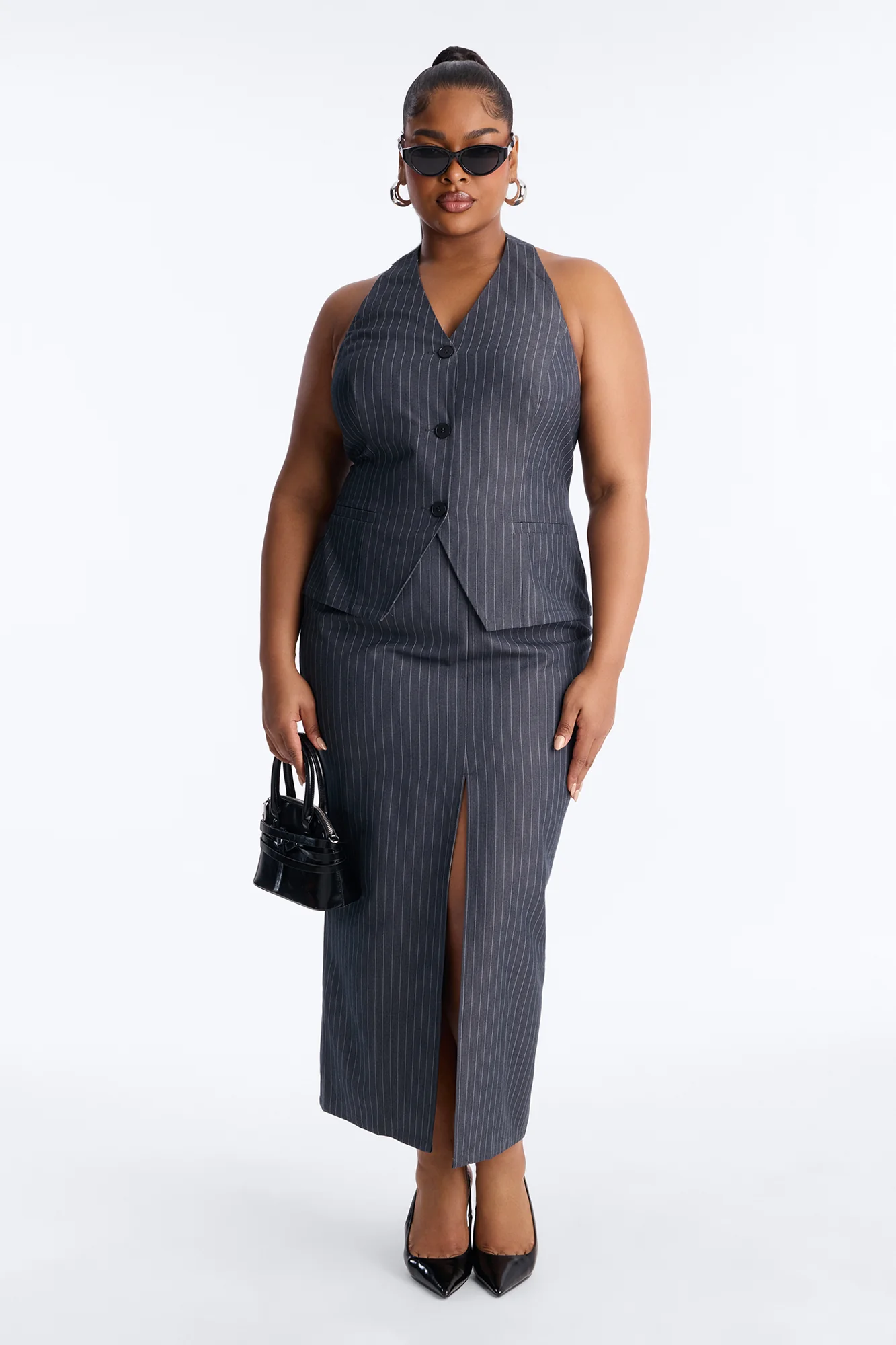 Dangerously Cute Pinstripe Halter Top - Charcoal/combo - Image 6