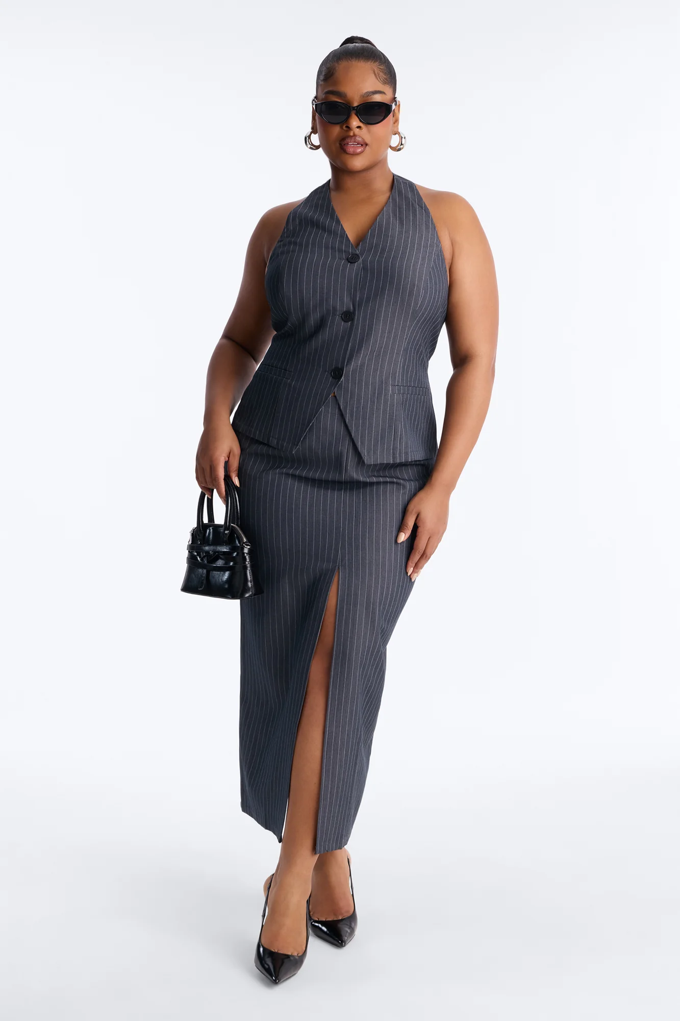 Dangerously Cute Pinstripe Midi Skirt - Charcoal/combo - Image 5