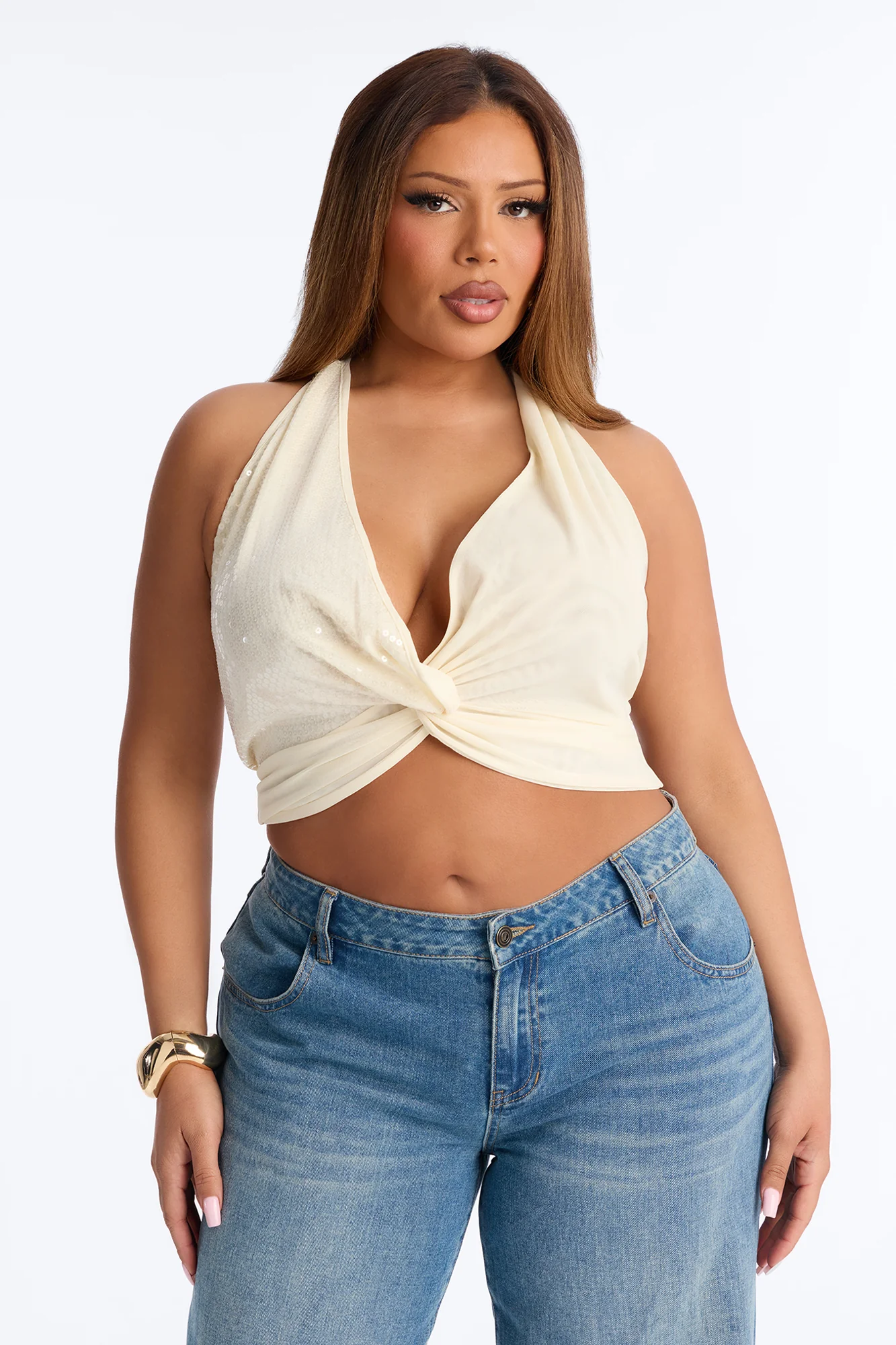 Dani Deep V-Neck Mesh Sequin Halter Top - Cream - Image 5