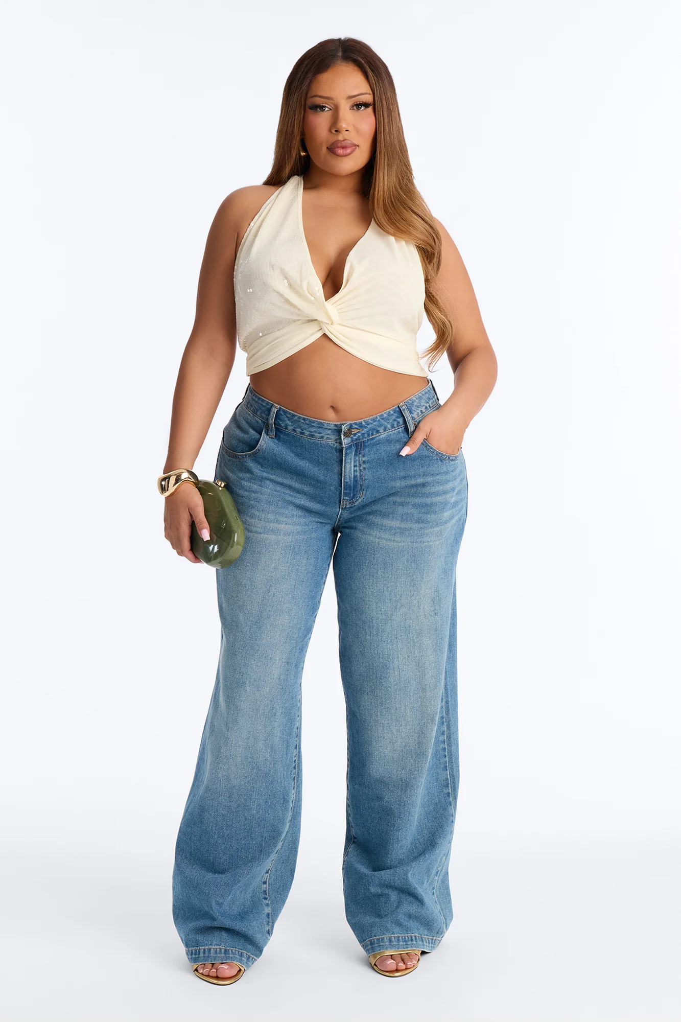 Dani Deep V-Neck Mesh Sequin Halter Top - Cream - Image 6