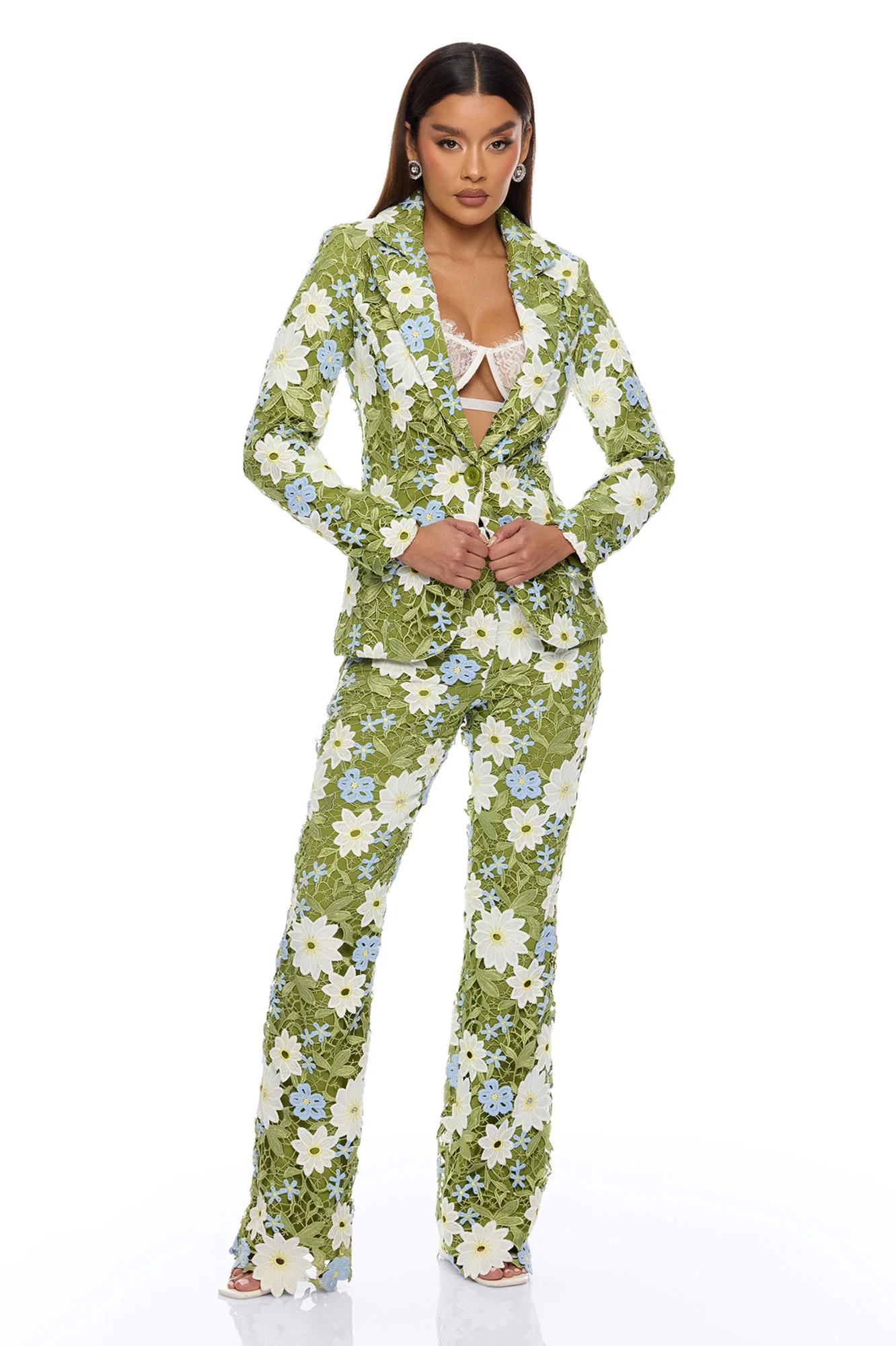 Dani Floral Embroidered Flare Pant - Chartreuse