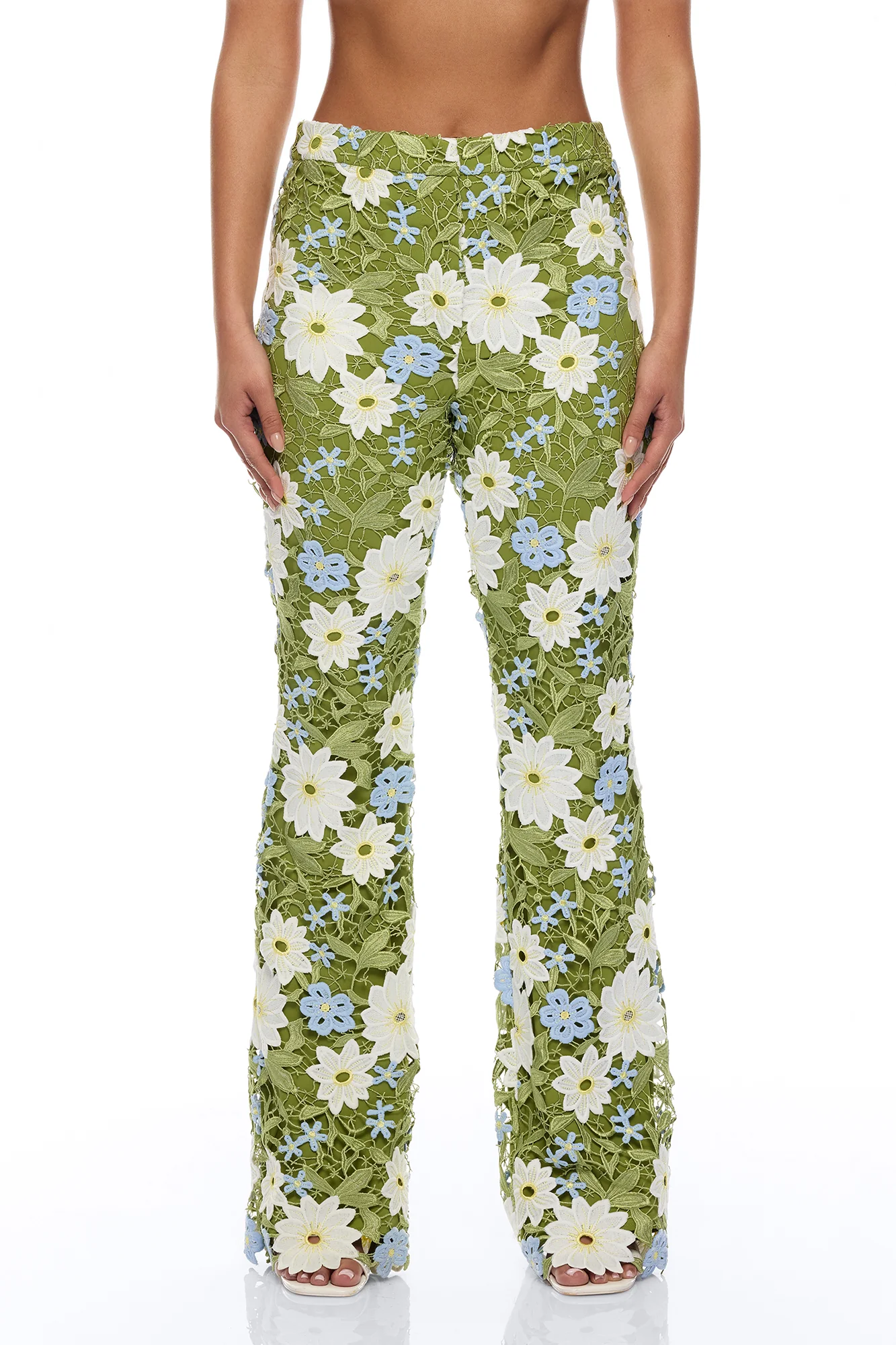 Dani Floral Embroidered Flare Pant - Chartreuse - Image 2