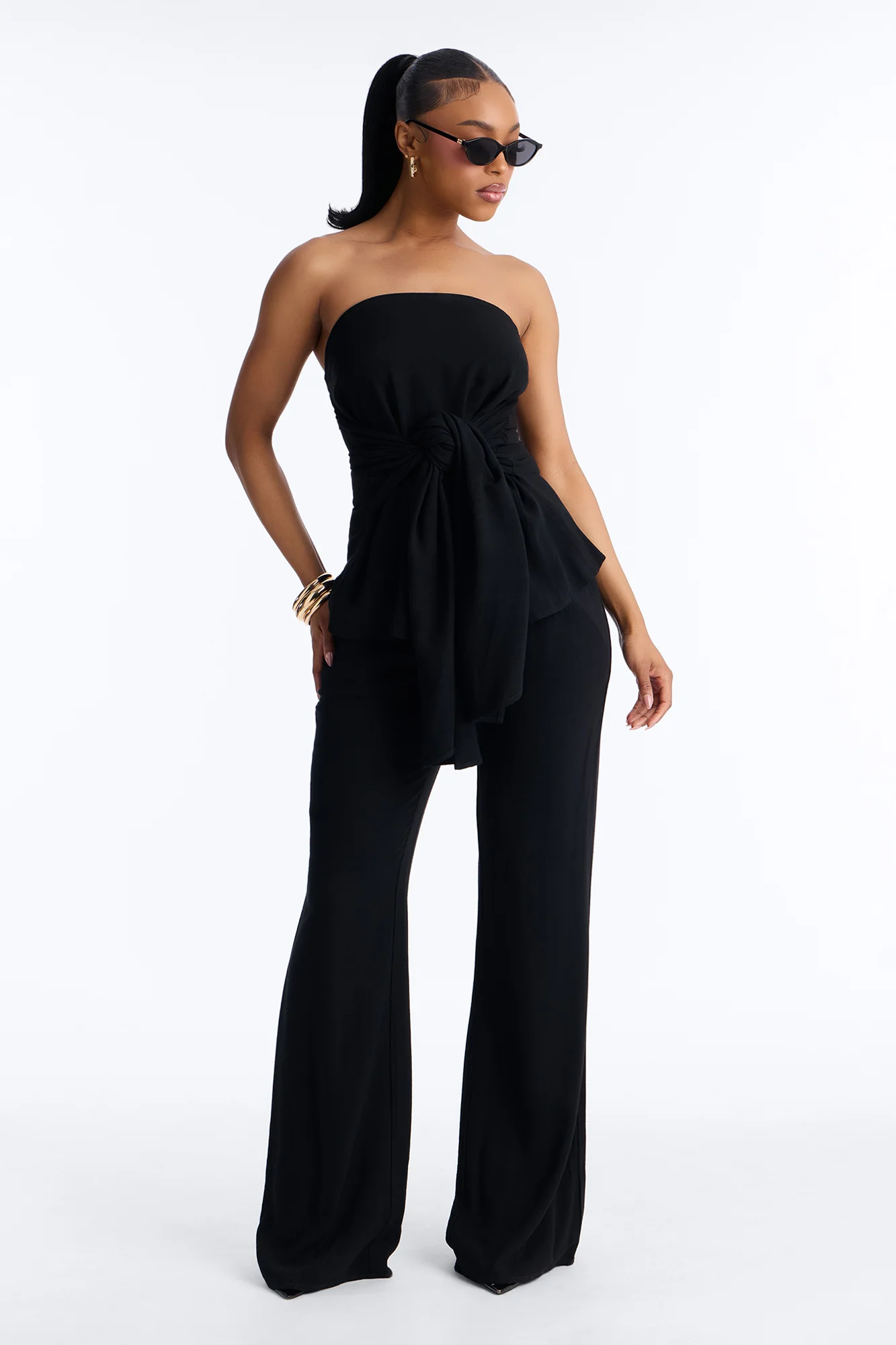 Dani Tie Front Linen Wide Leg Pant Set - Black