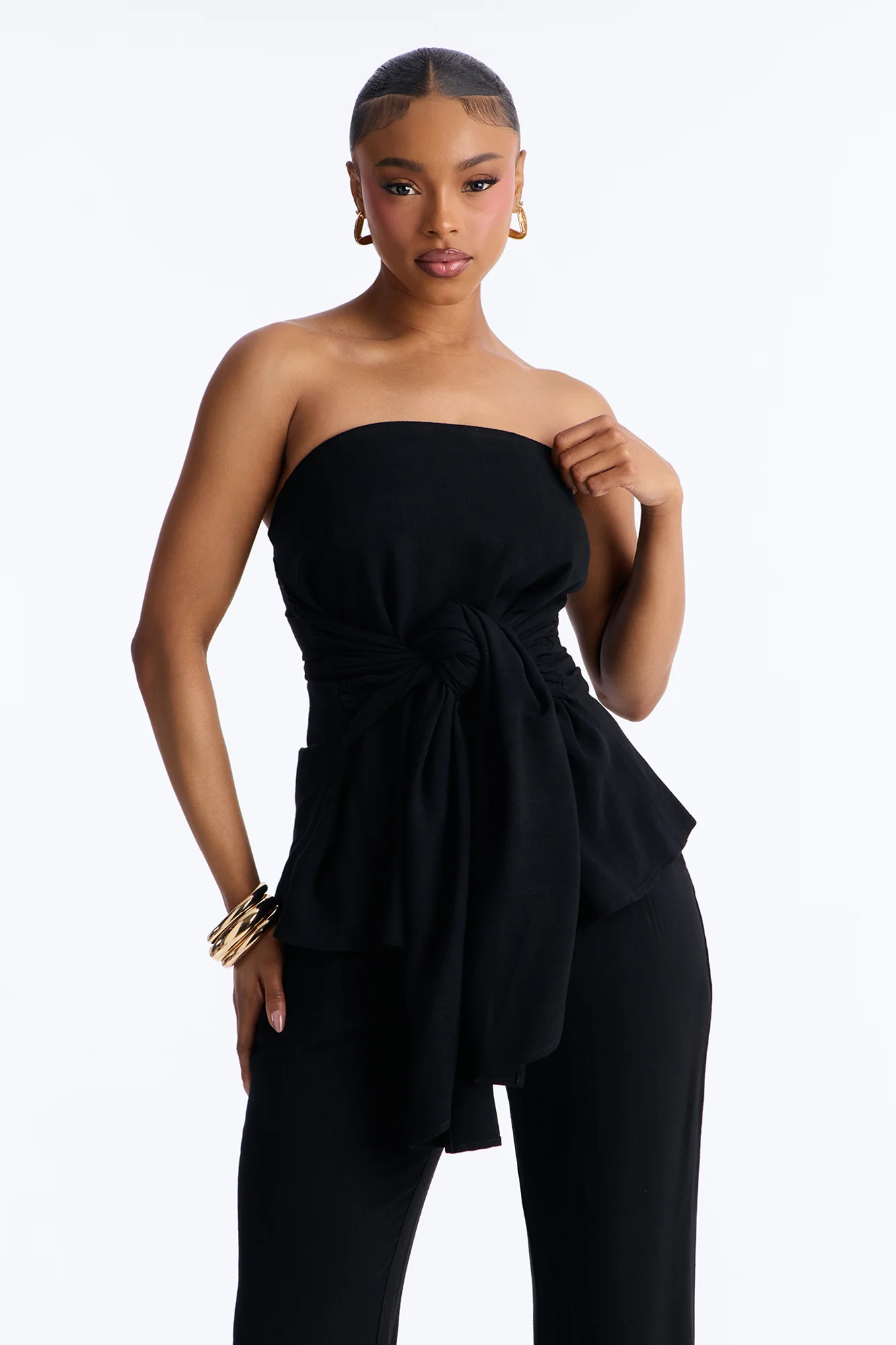 Dani Tie Front Linen Wide Leg Pant Set - Black - Image 2