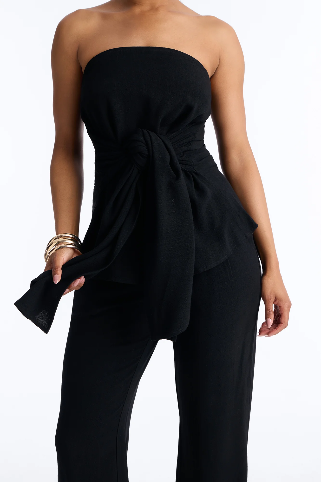 Dani Tie Front Linen Wide Leg Pant Set - Black - Image 3