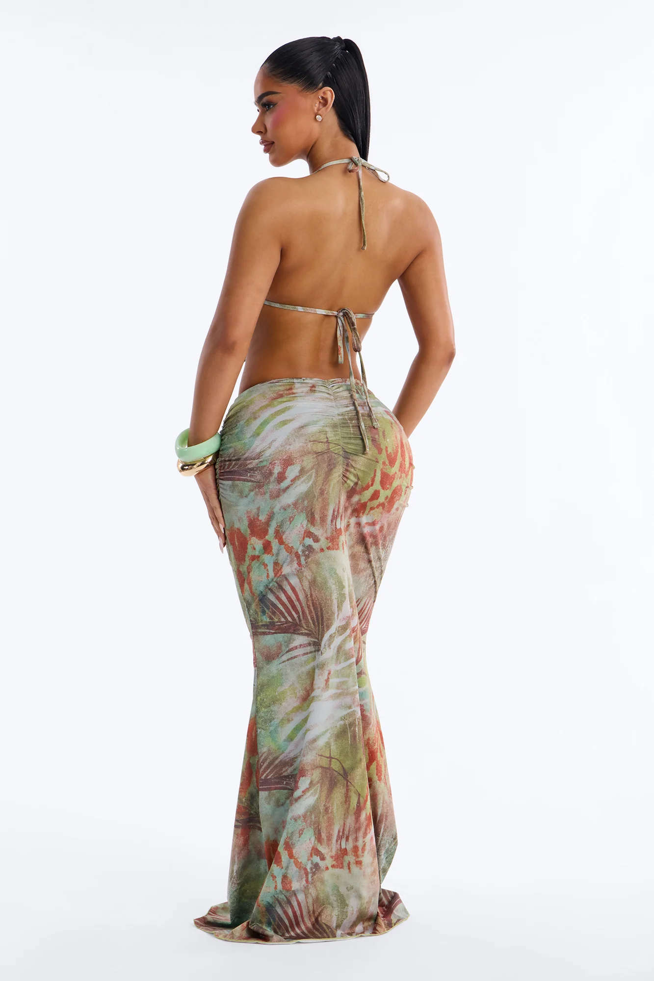 Daniela Animal Halter Hardware 3 Piece Bikini Skirt Set - Green/combo - Image 5