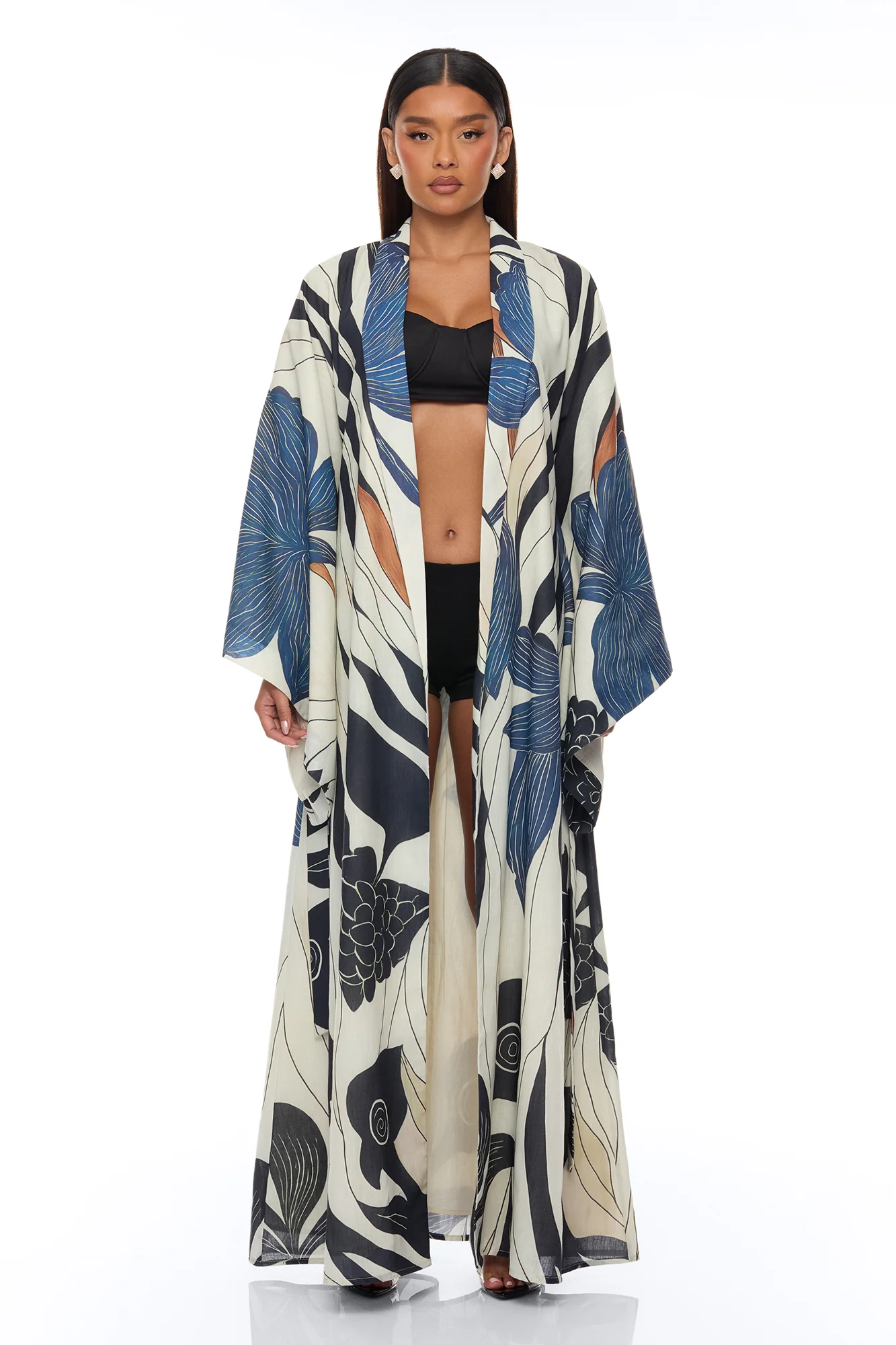 Daniella Bell Sleeve Linen Kimono - Navy/combo