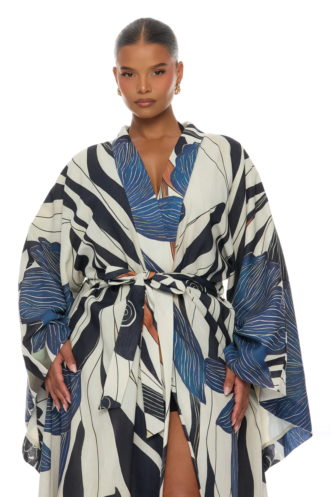 Daniella Bell Sleeve Linen Kimono - Navy/combo - Image 7
