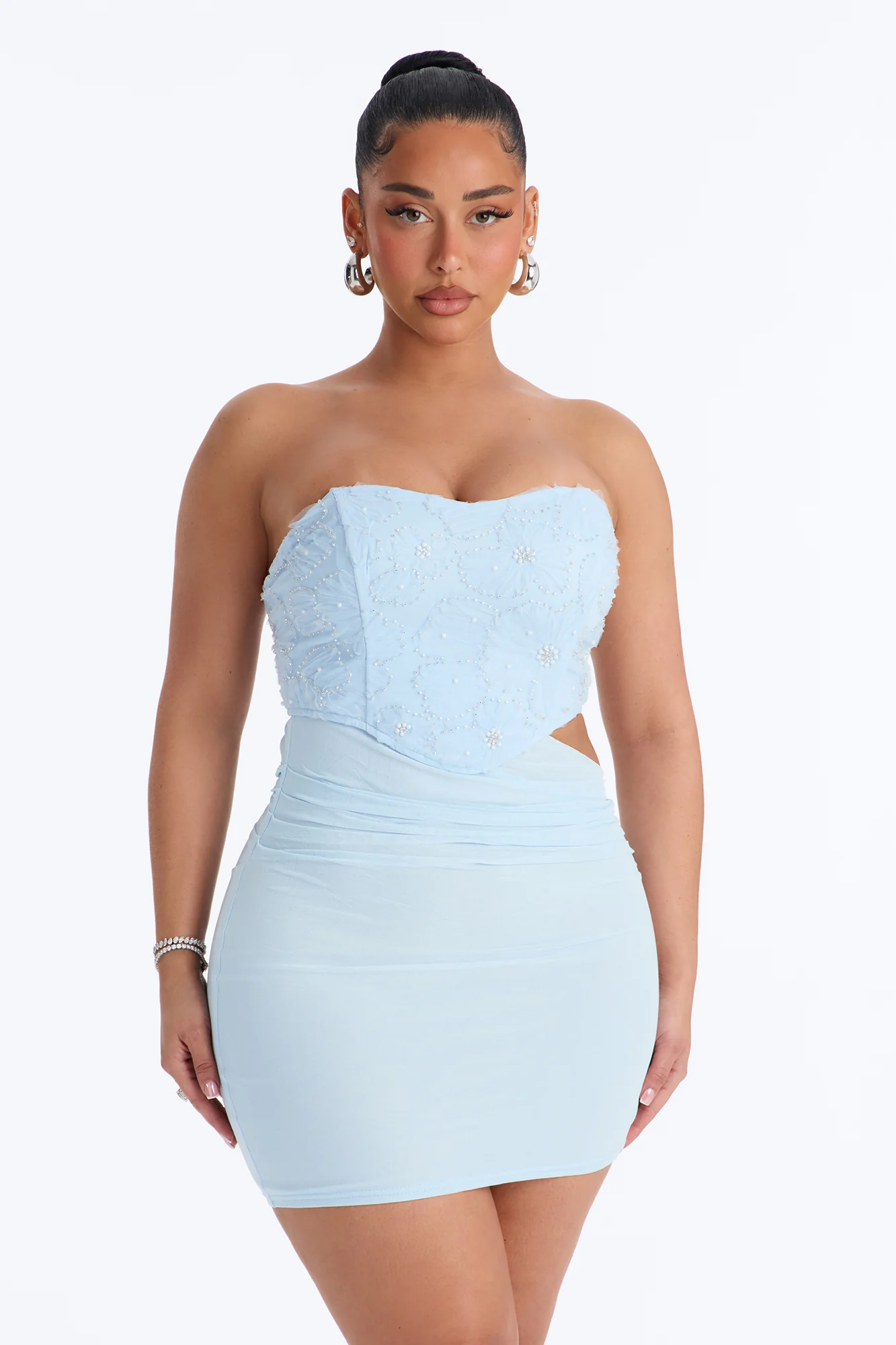Daniella Embellished Mesh Mini Dress - Light Blue