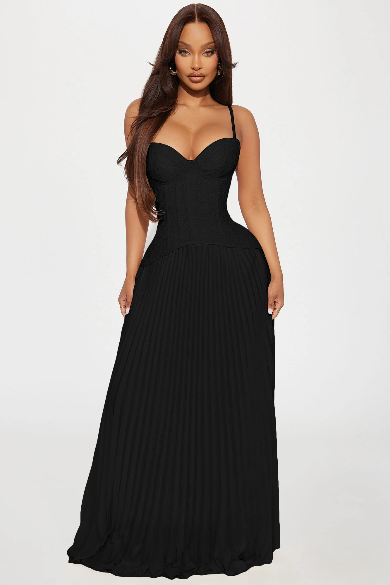 Daniella Lace Corset Pleated Maxi Dress - Black