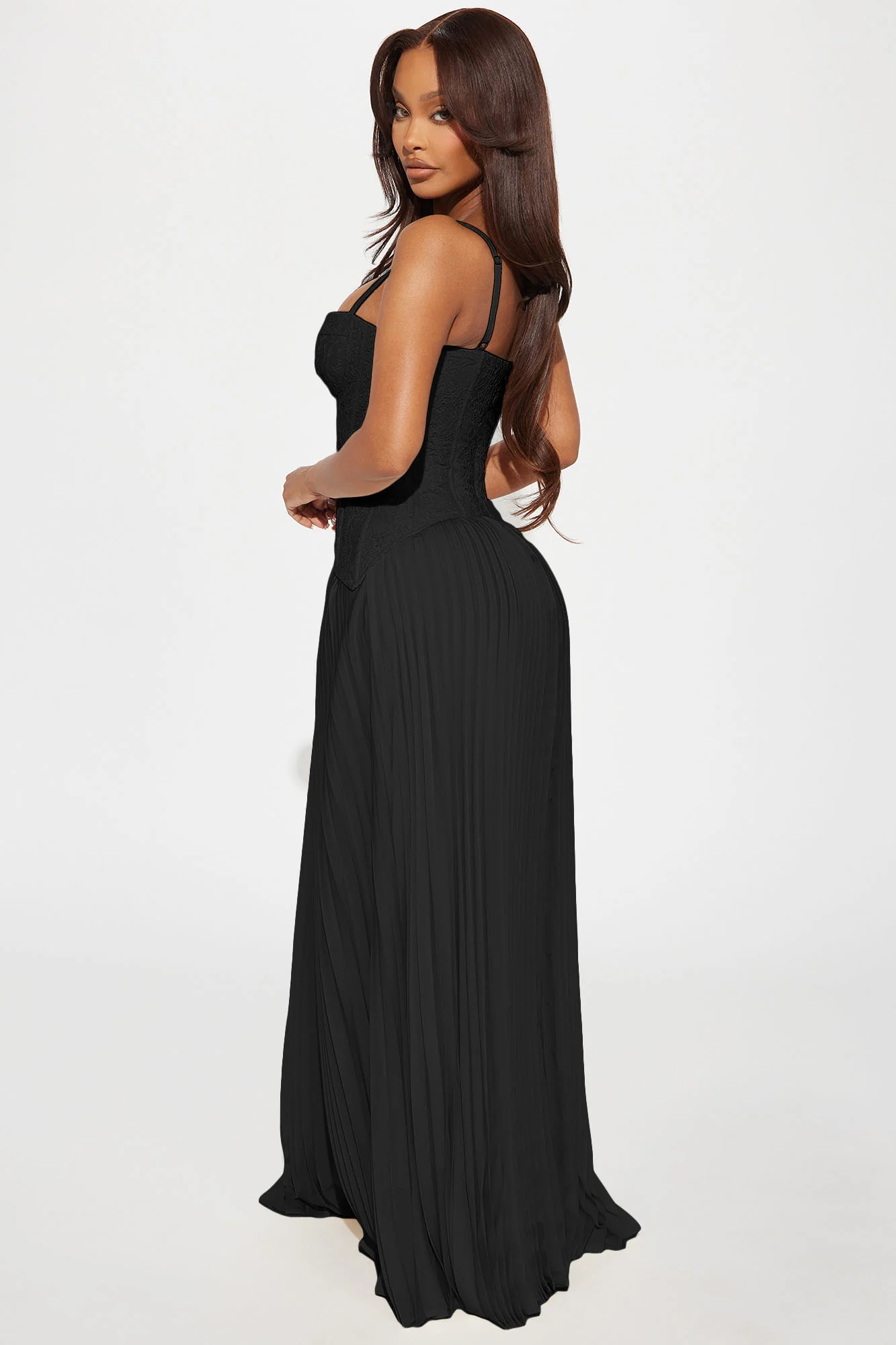 Daniella Lace Corset Pleated Maxi Dress - Black - Image 3