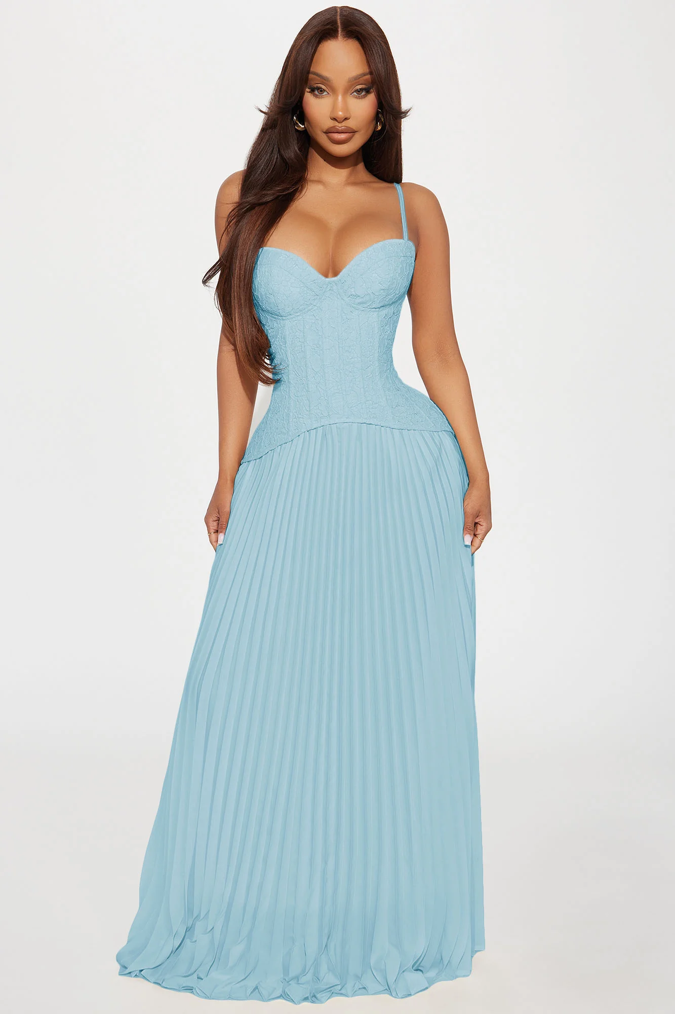 Daniella Lace Corset Pleated Maxi Dress - Light Blue