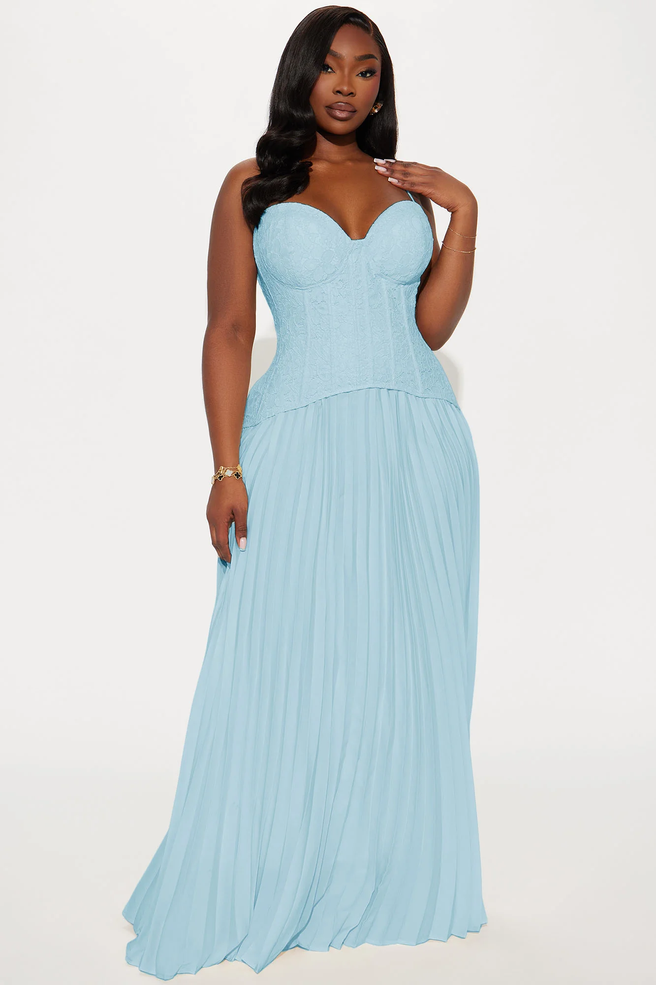 Daniella Lace Corset Pleated Maxi Dress - Light Blue - Image 4